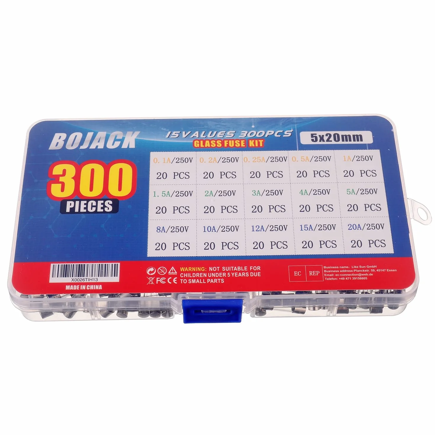 BOJACK 300 pièces Kit de fusibles en verre à fusion rapide 5x20mm 250V 0.1-20A