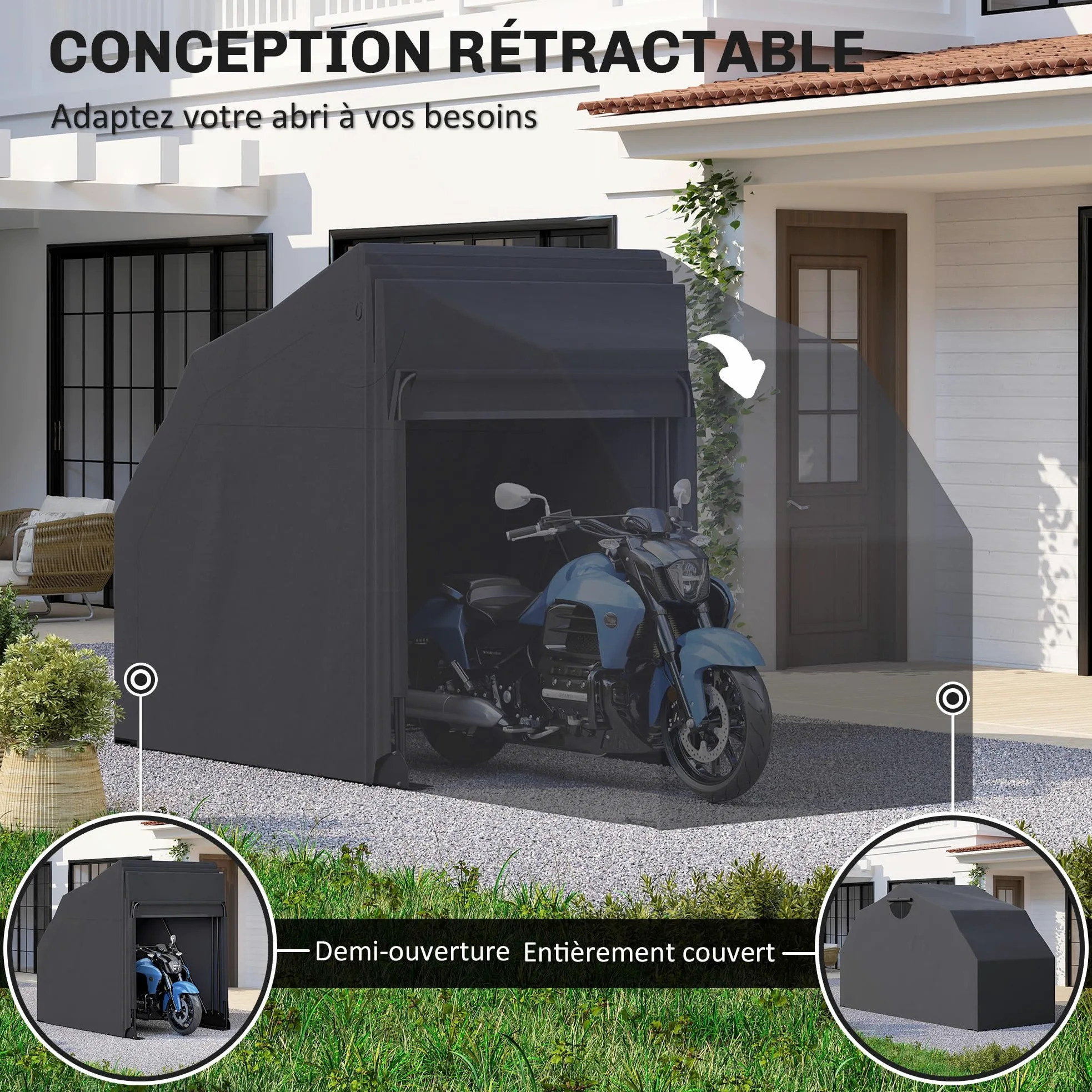 Outsunny Abri de Moto extérieur Tente à Moto Pliable de 345 x 135 x 191 cm avec Housse de Protection en Tissu Oxford, imperméable Anti-UV, 2 fenêtres enroulables, Rangement Garage extérieur, Noir