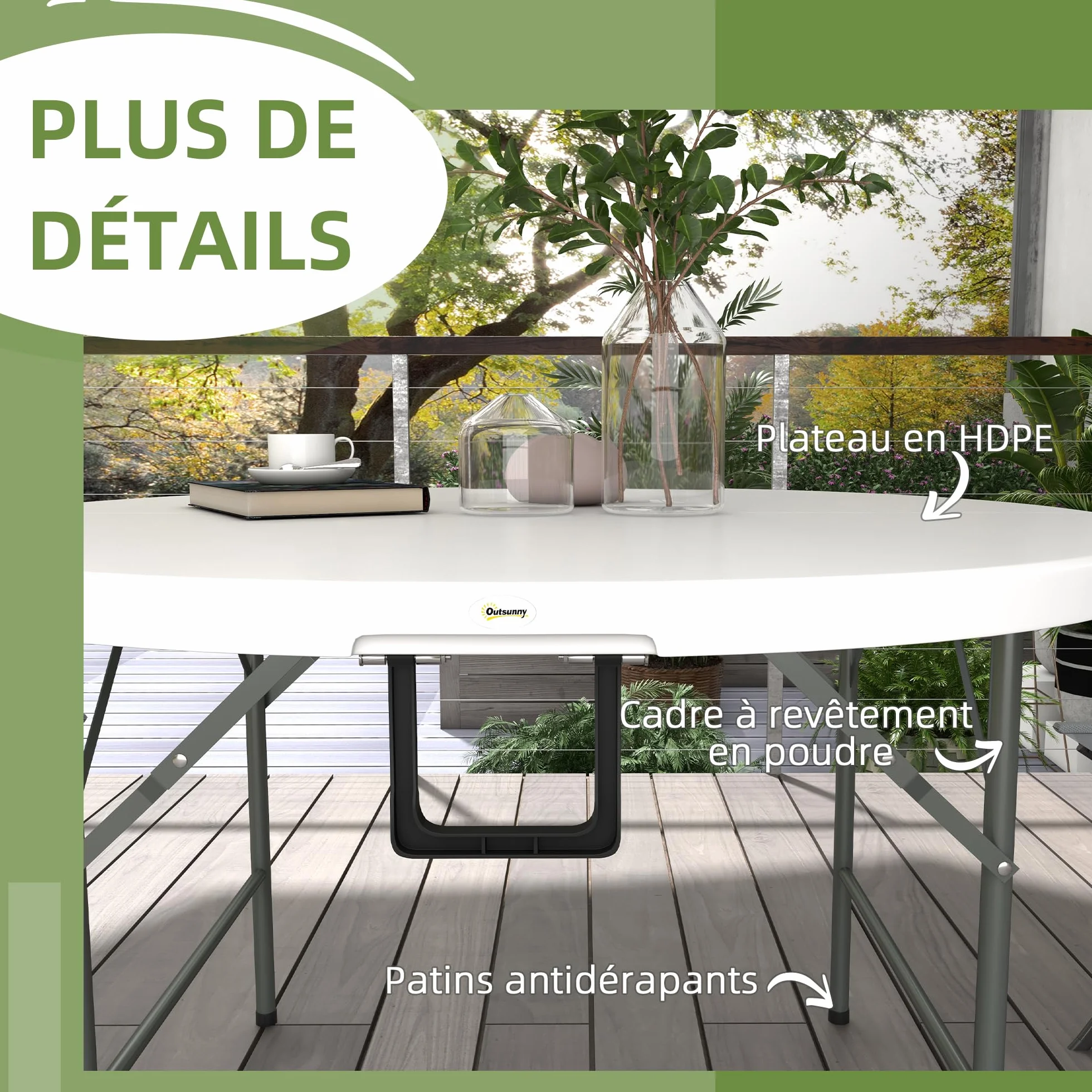 Outsunny Table Ronde de Jardin Pliante Ø122 cm 6 Personnes Structure Métal Plateau HDPE