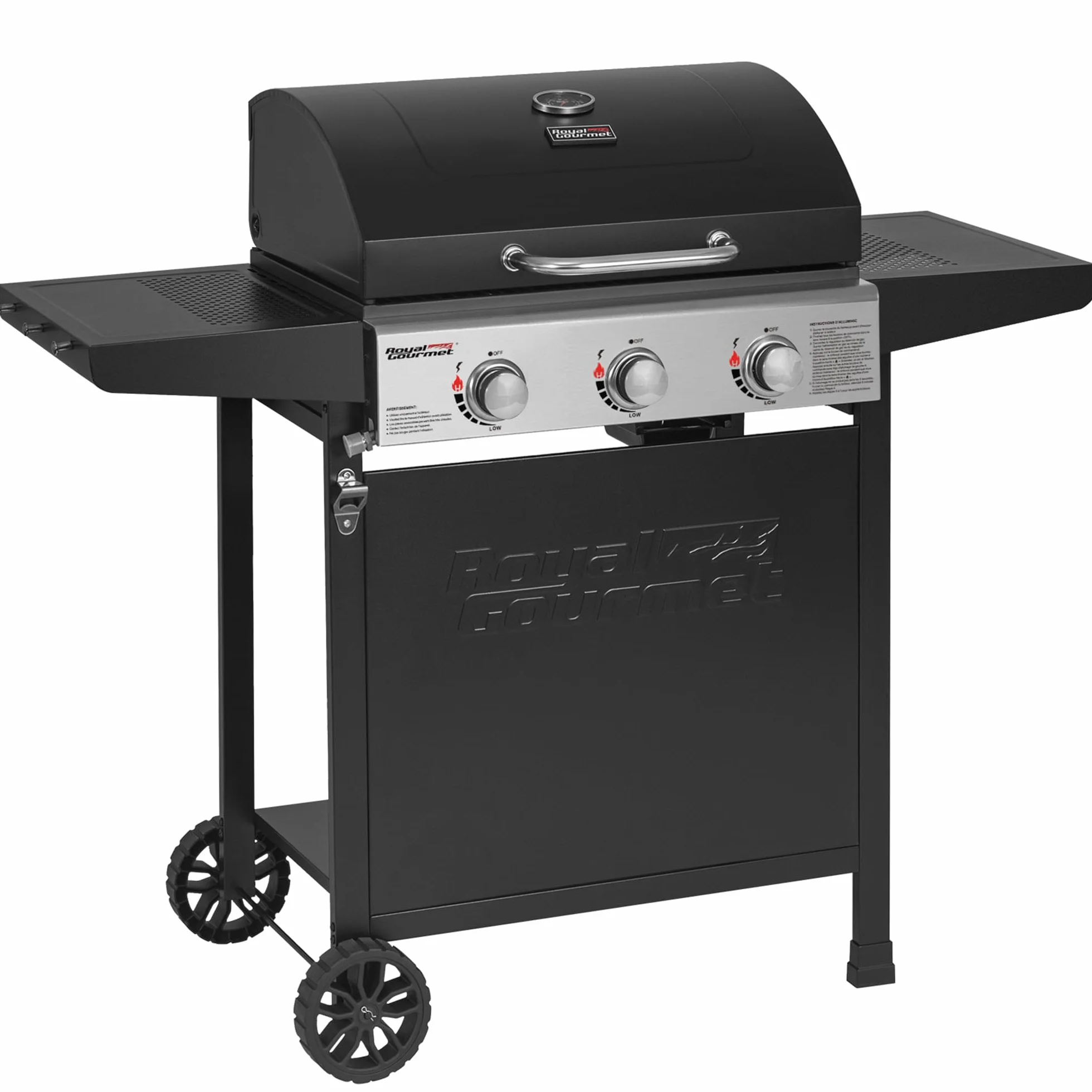 Royal Gourmet Barbecue Gaz sur Chariot, 3 Brûleurs BBQ Gaz avec Capot, Puissance 9kW Propane, 2 Grilles en Émaillée, 2 Table Latérales, Thermomètre Intégré, Adapté pour Jardin et Camping