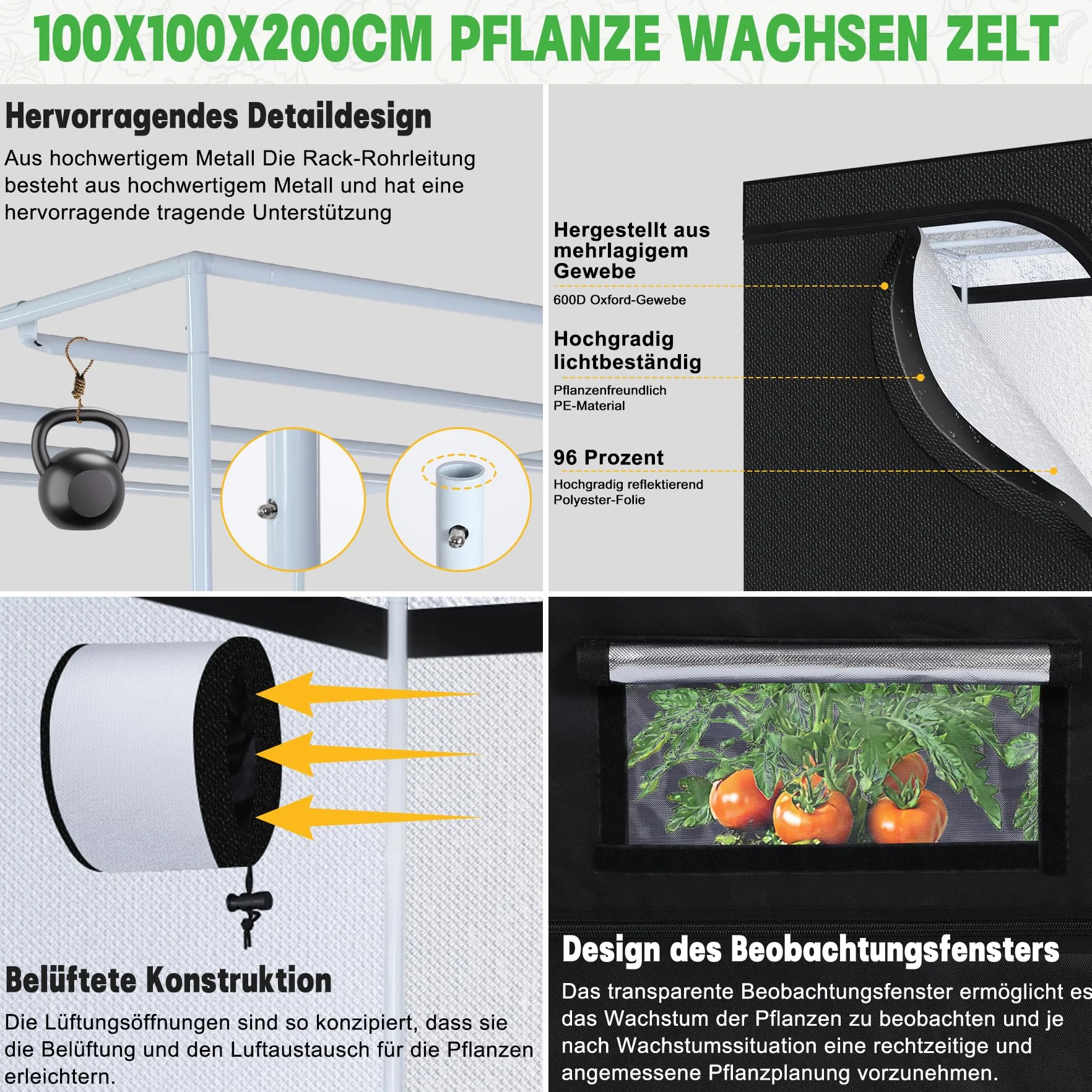 Kit Culture Indoor, 200W Dimmable Lampes De Croissance, Tente de Culture, Kit Complet de Tente de Culture hydroponique 600D avec Thermo-hygromètre et minuterie (100x100x200 cm)