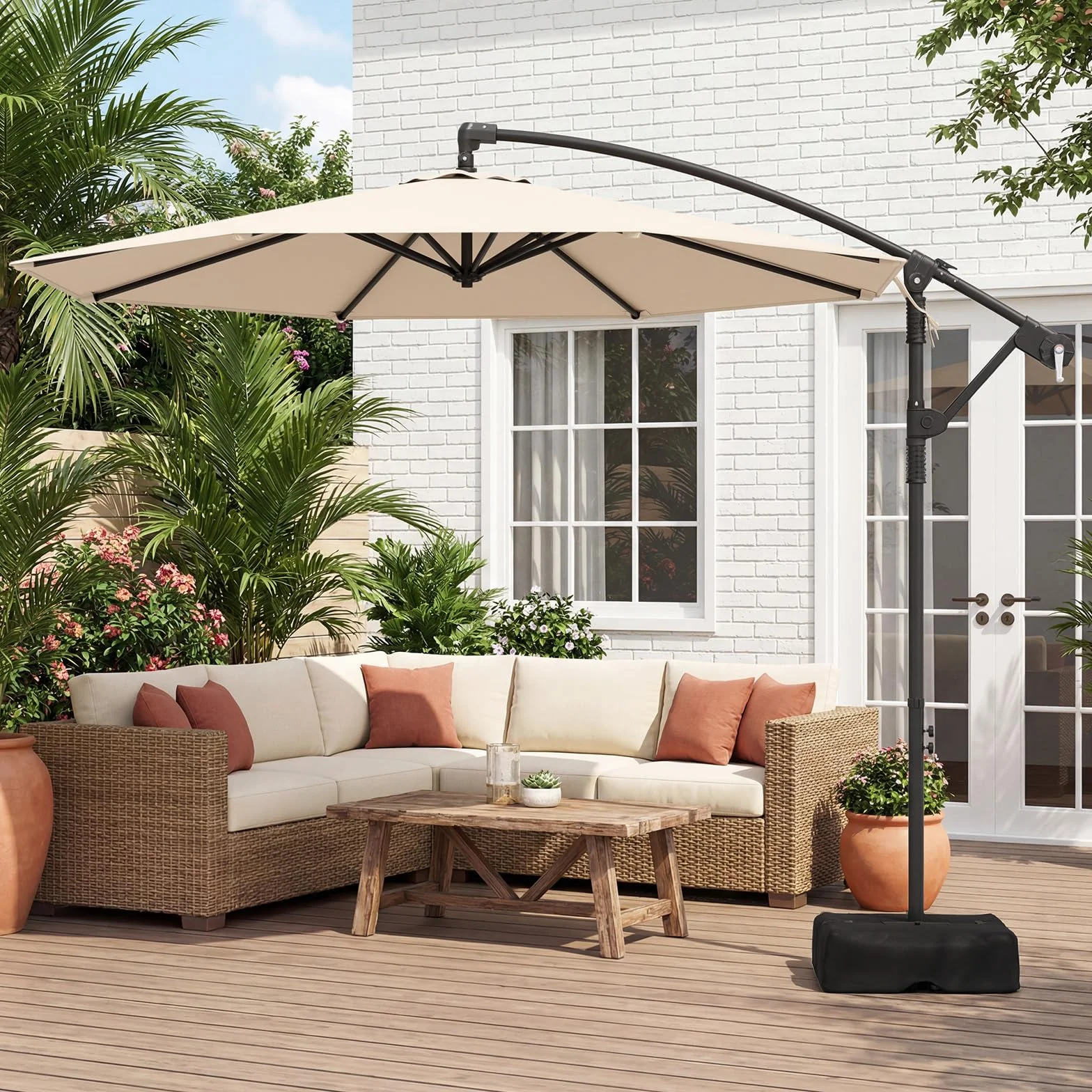 COSTWAY Parasol Déporté 3 x 3M, Parasol de Jardin Extérieur avec Pied, Rotation 360°, Anti-UV, 8 Baleines, Beige