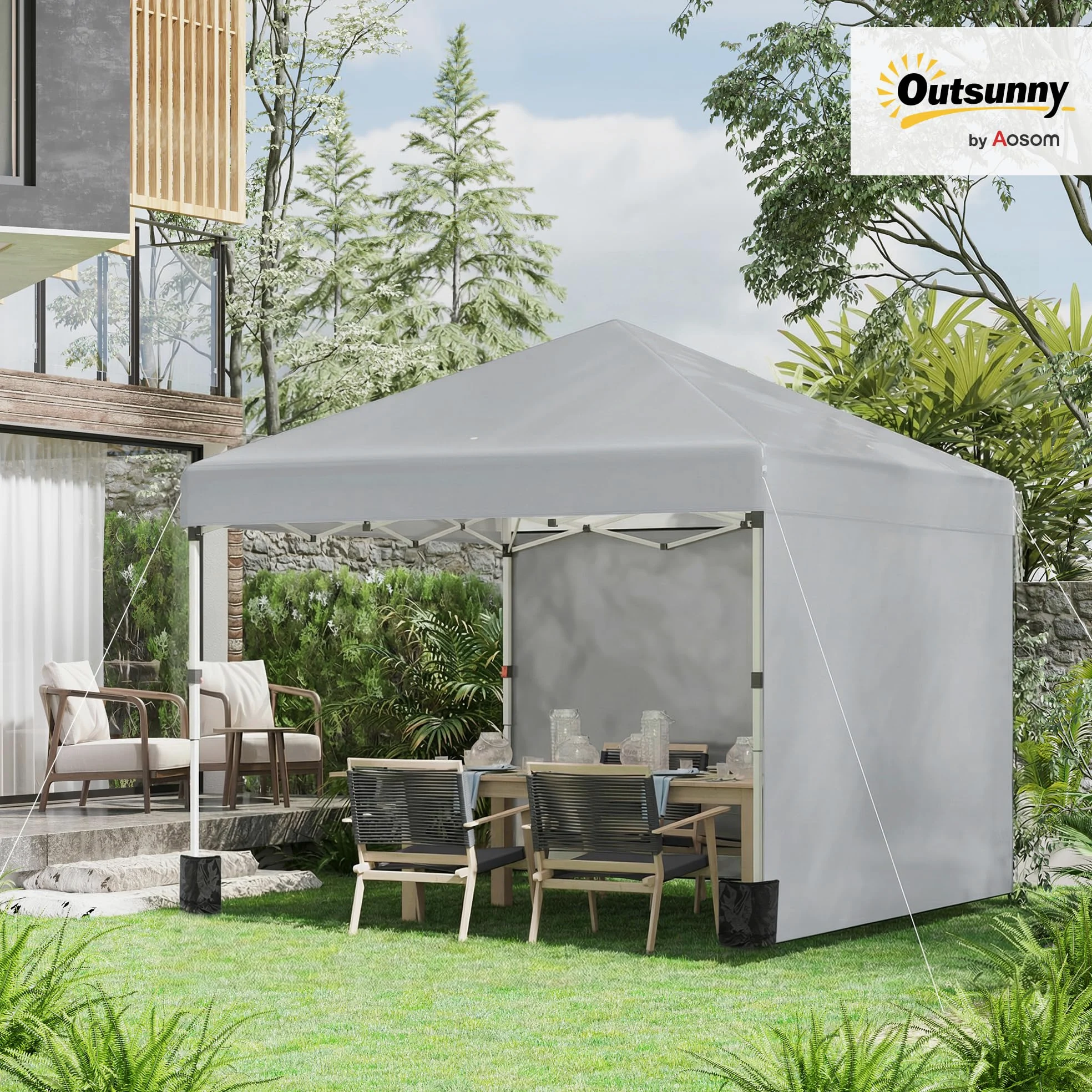 Outsunny Tonnelle de Jardin Pop-up Pliant Barnum réglable en Hauteur Protection UV 30+ 2 parois latérales - Sac de Transport Inclus - pour fête, événement Plein air - 297 x 297 x 288 cm Gris Clair