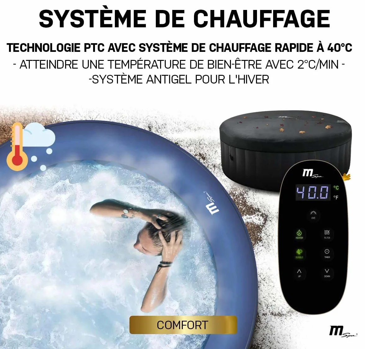 Miweba MSpa Spa Gonflable Extérieur Bergen C-BE041 | Rond ⌀ 180,0 cm - Spa Gonflable 4 Personnes - Nettoyage UV-C - Jusqu'à 1077 L - 40°C - Télécommande - 118 Jets (4 Personnes)