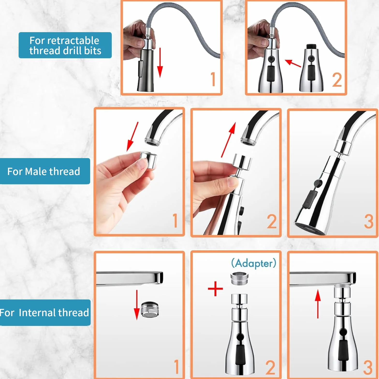 Douchette Evier Cuisine 360° Rotatif Mousseur Robinet 3 Modes Argent