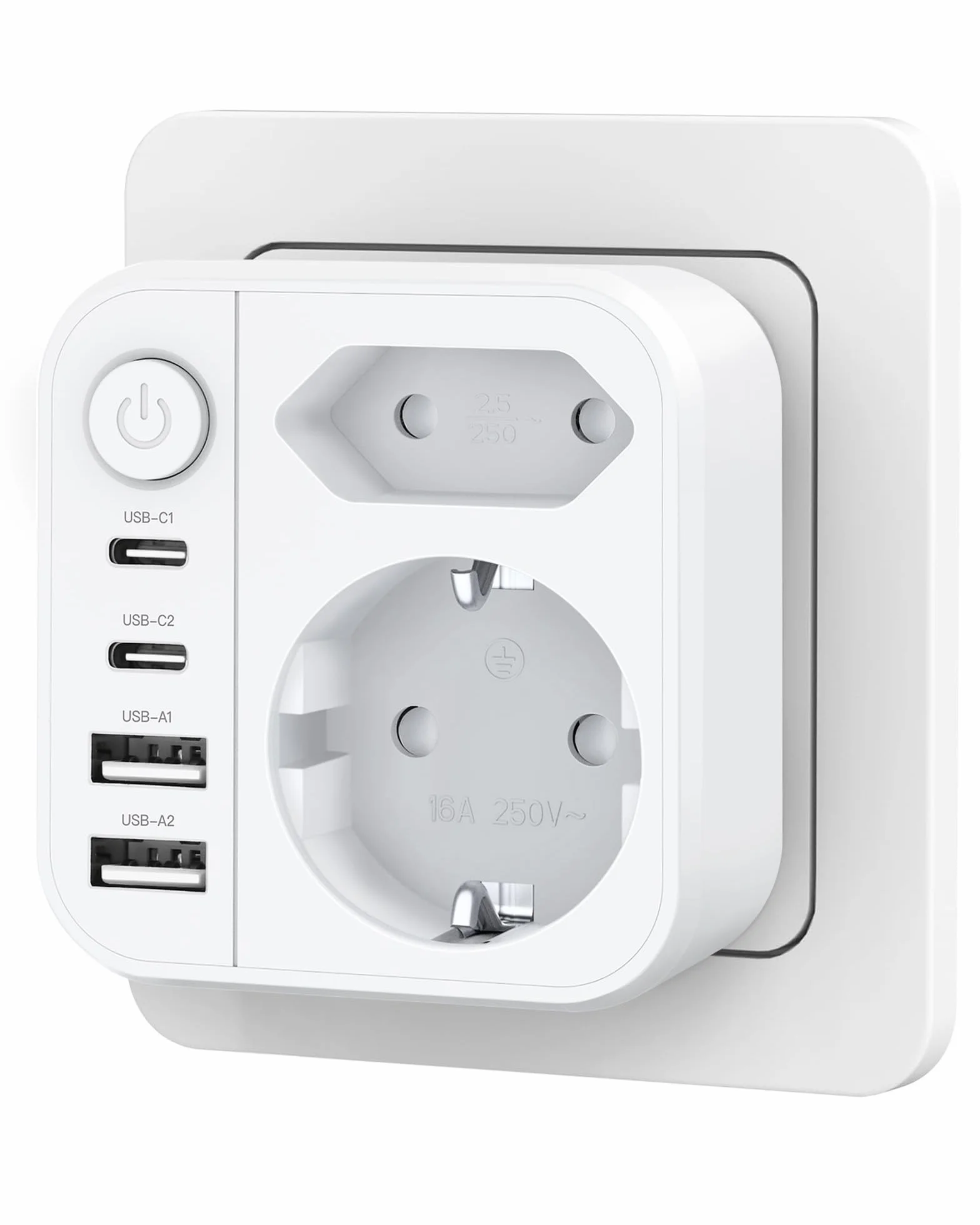 Prise Multiple 6-en-1 Multiprise avec 2 Ports USB A & USB C Prise Murale Interrupteur 4000W/16A Double Prise