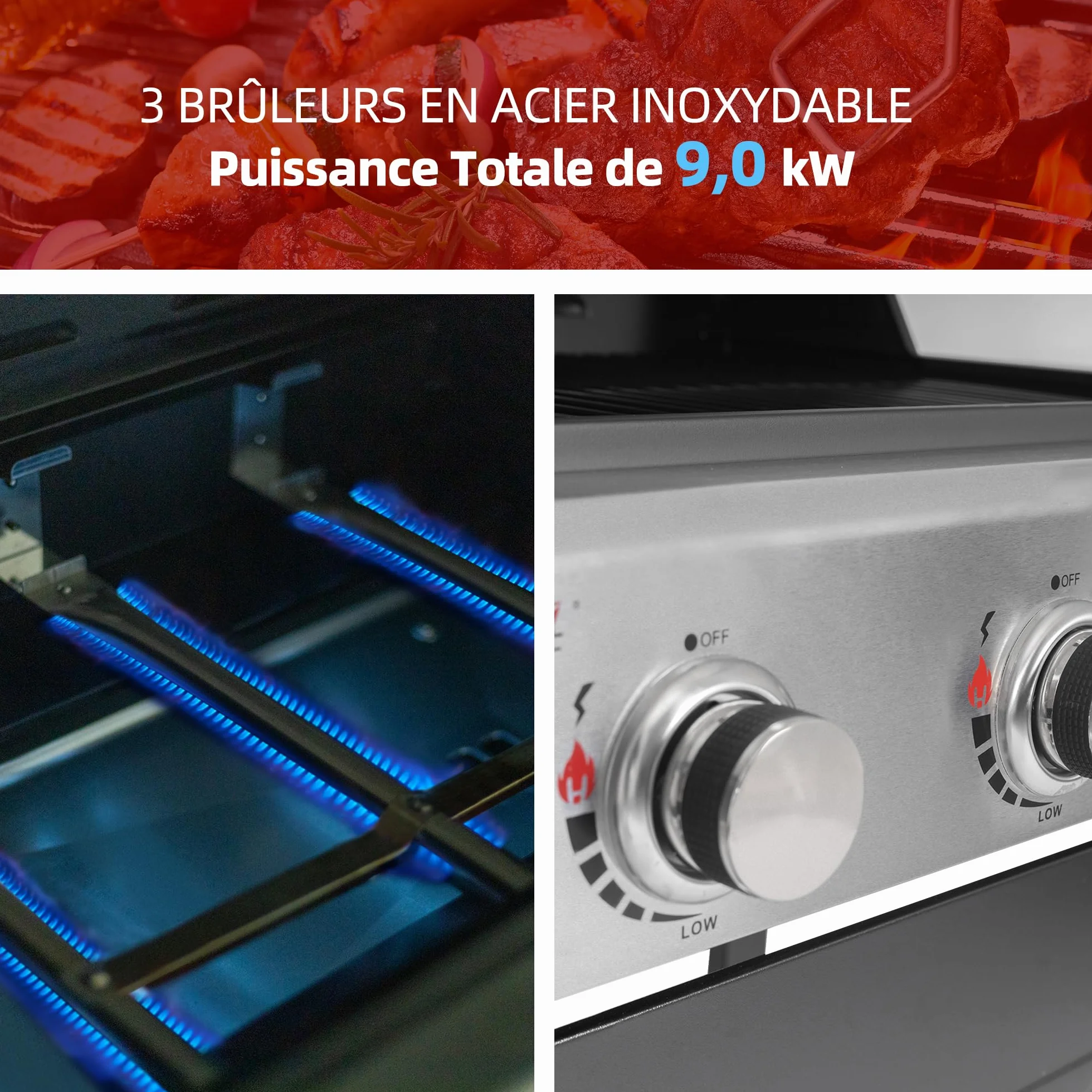 Royal Gourmet Barbecue Gaz sur Chariot, 3 Brûleurs BBQ Gaz avec Capot, Puissance 9kW Propane, 2 Grilles en Émaillée, 2 Table Latérales, Thermomètre Intégré, Adapté pour Jardin et Camping