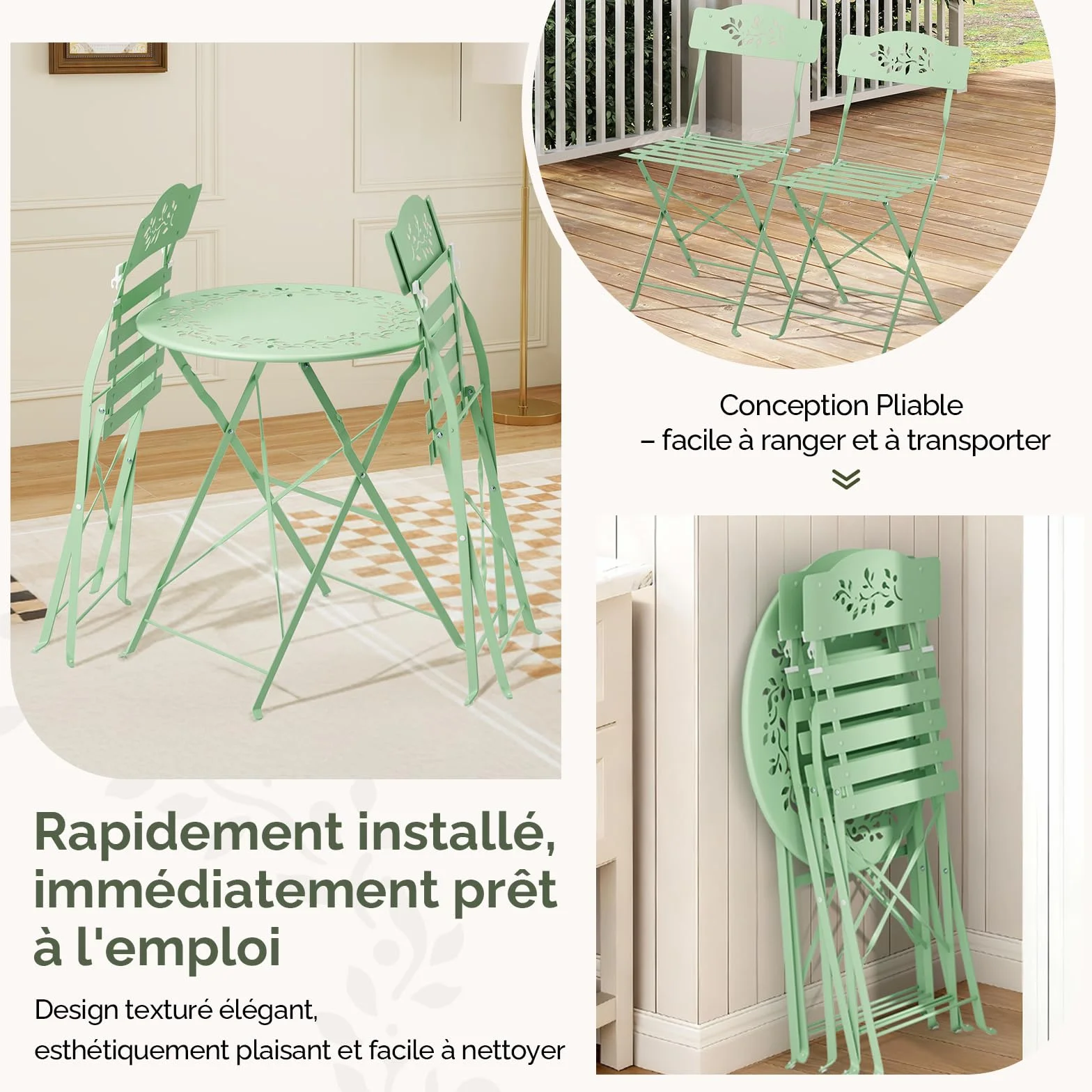 Bonnlo Set de Bistrot Pliant 3 Pièces Table et Chaise de Jardin Exterieur Vert Clair