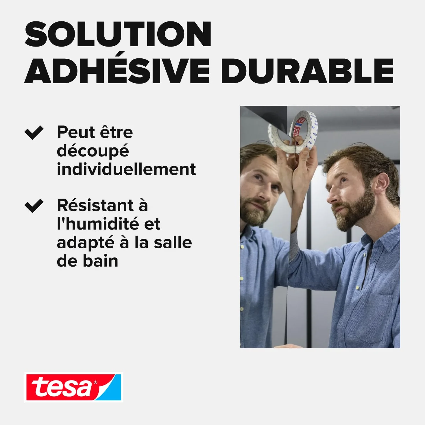 tesa Ruban Adhésif Double-Face de Montage Spécial Miroirs 1,5 m x 1,9 cm Résistant Pièces Humides