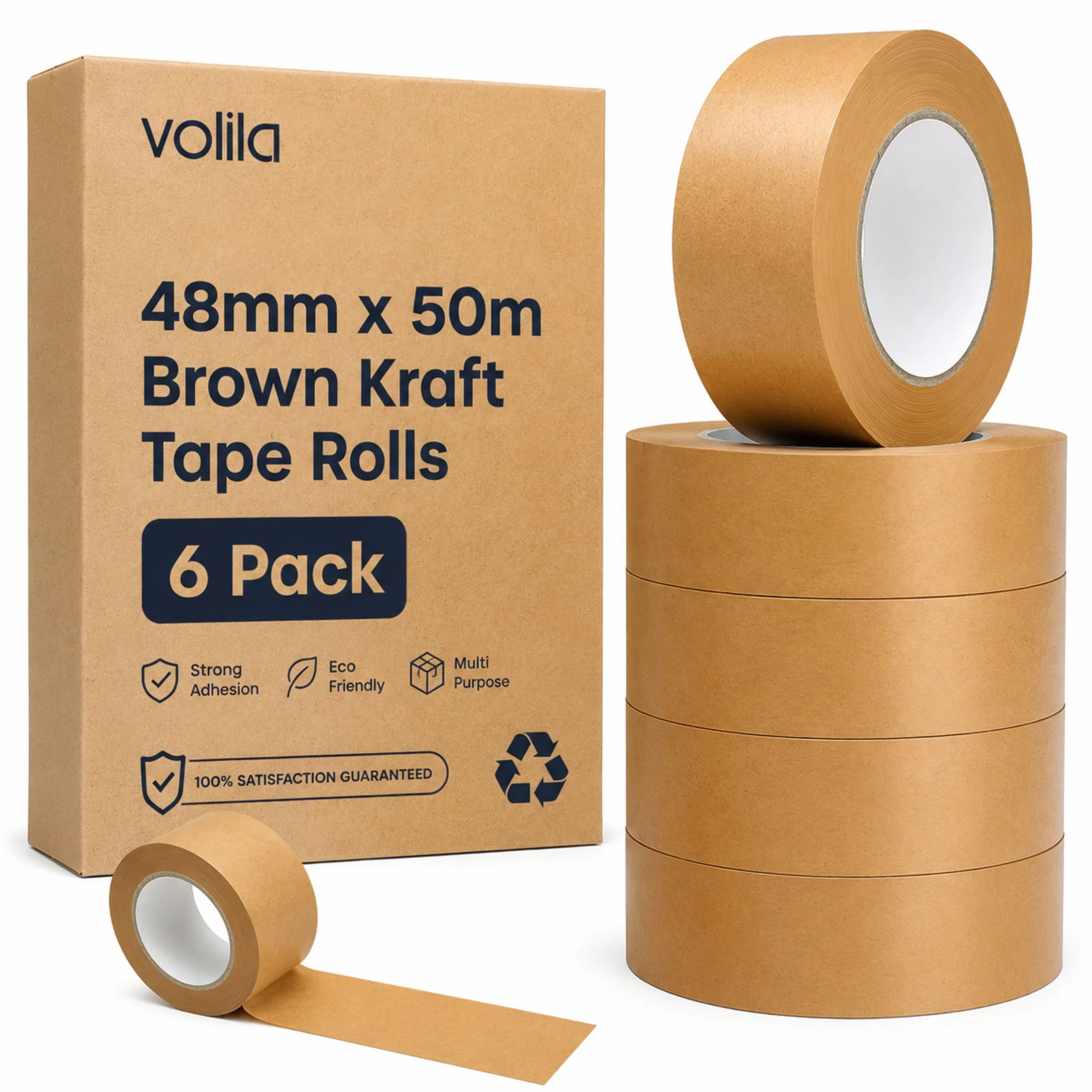 Volila Ruban Adhésif Kraft 48mm x 50m 6 Rouleaux Papier Brun Résistant pour Colis et Cadrage