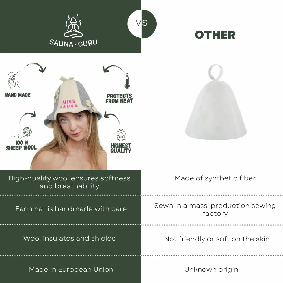 Chapeau de Sauna Miss Sauna Flowers Blanc/Gris 100% Feutre de Laine Biologique