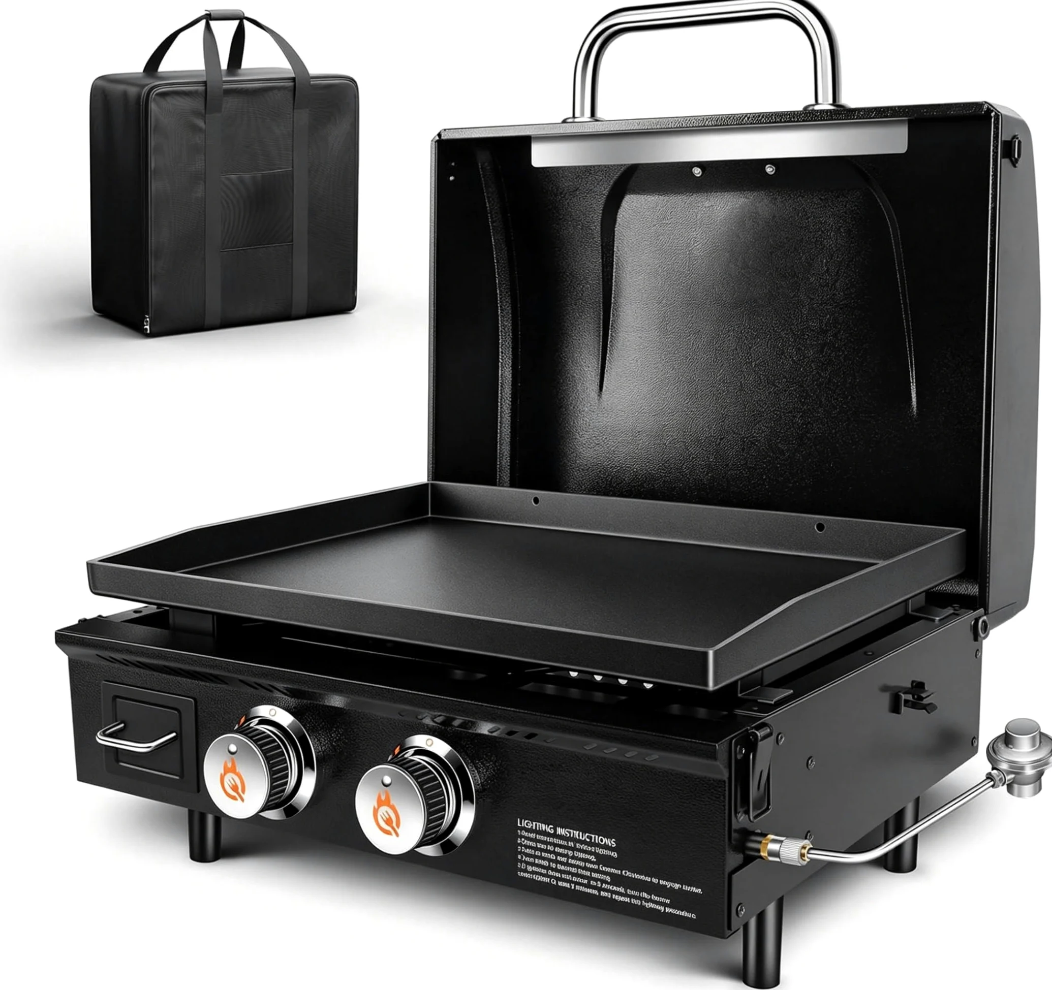 GFTIME Barbecue de table à gaz Griddle 2 brûleurs avec capot - Plancha à gaz avec dessus plat - Griddle - Barbecue au propane avec sac de transport - 22" - 48 000 BTU - Plaque de cuisson antiadhésive