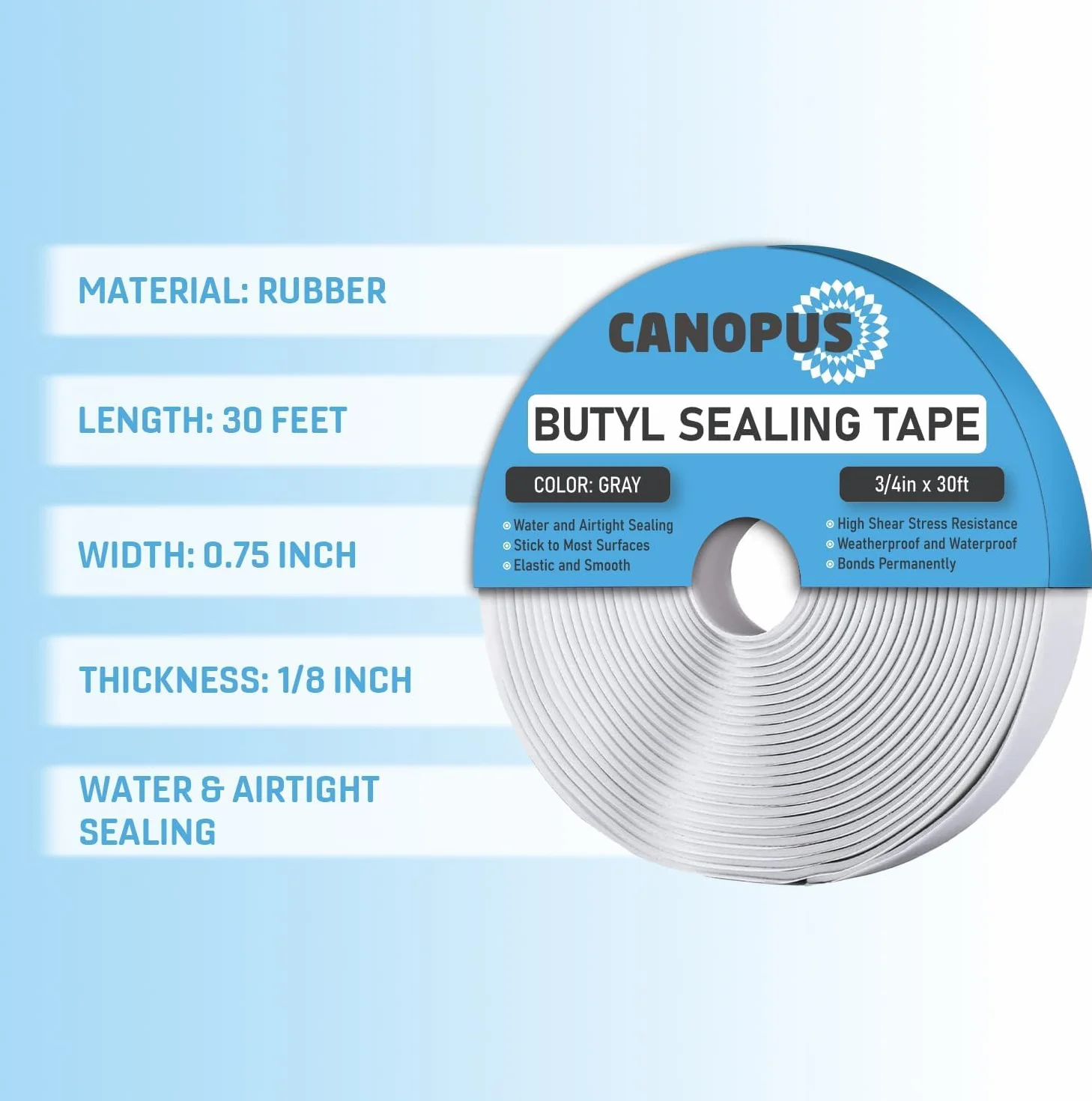 CANOPUS Ruban Butyle Extra Fort Gris 2mm x 20mm x 9.1m Auto-Adhésif