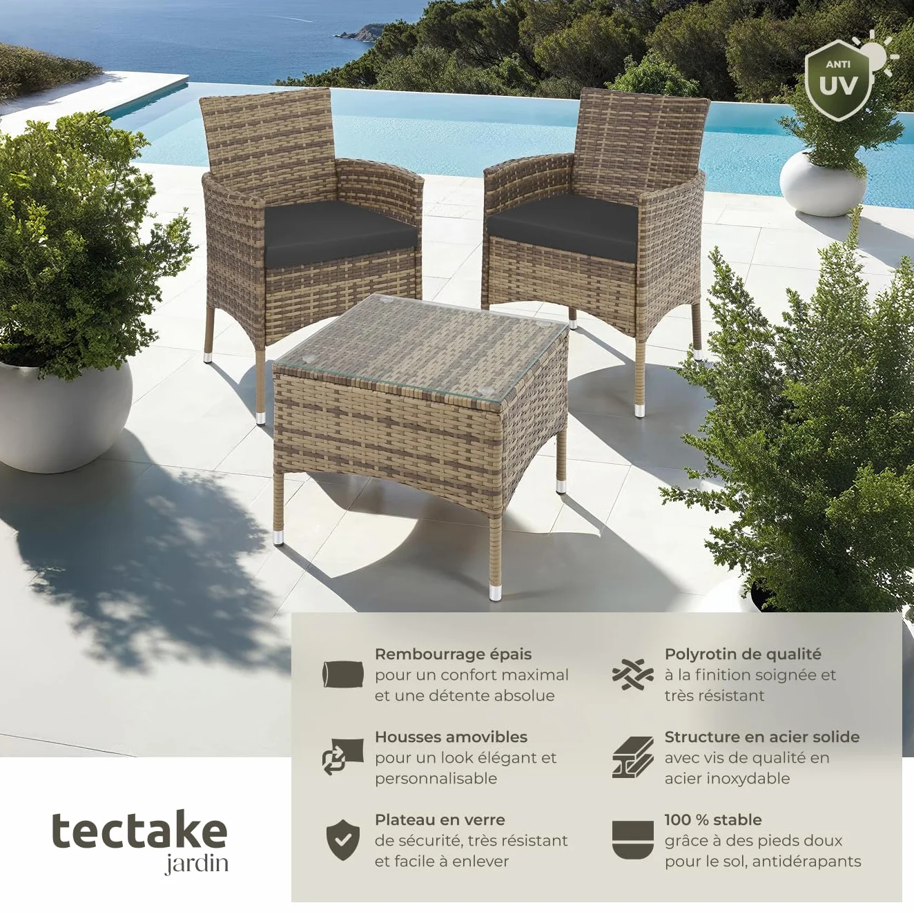 Ensemble Salon de Jardin Extérieur en Poly Rotin 2 Personnes Fauteuil Table avec Coussins Amovibles