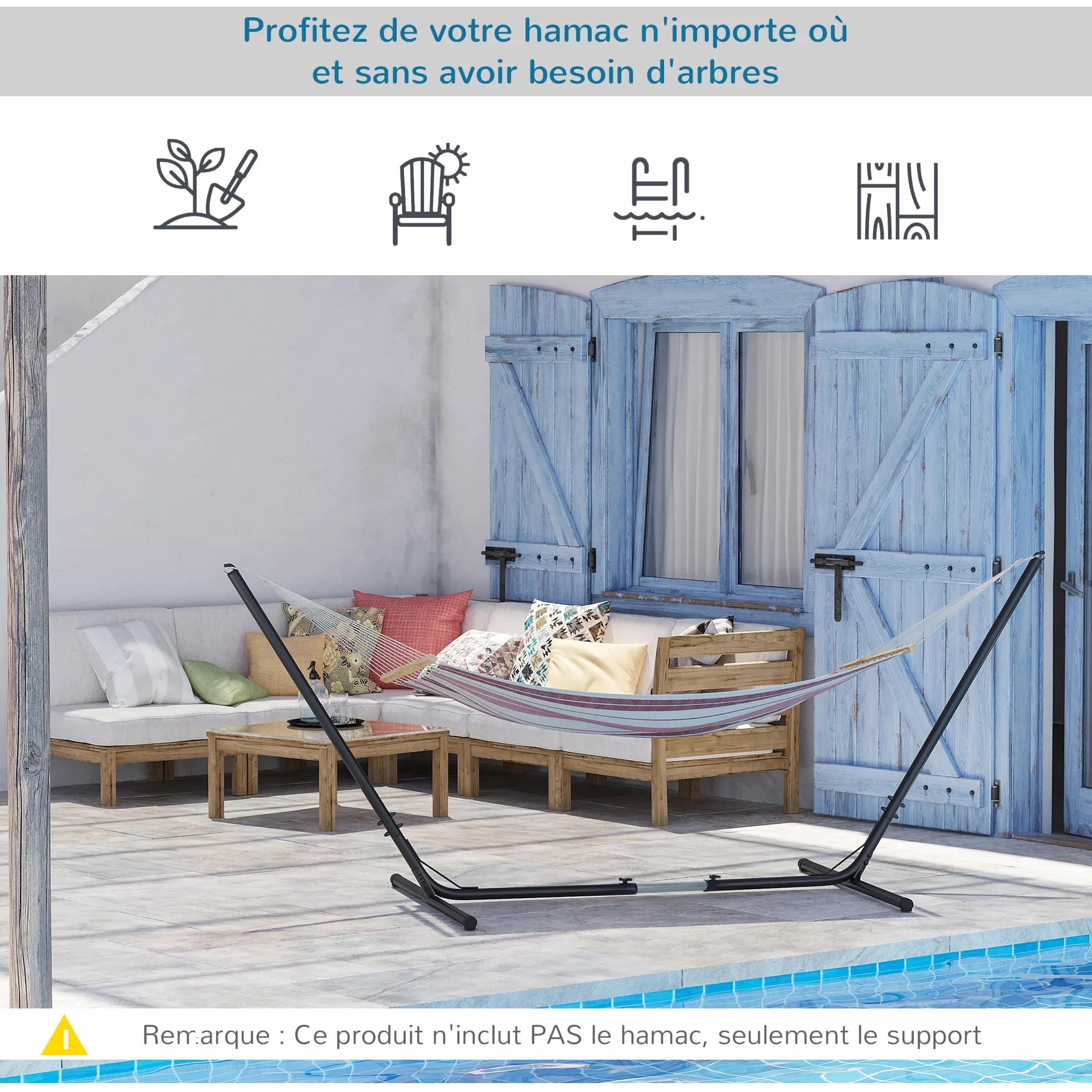 Outsunny Support Pied de hamac réglable métal époxy Noir 3,08-3,80L x 1,09l x 1,16H m