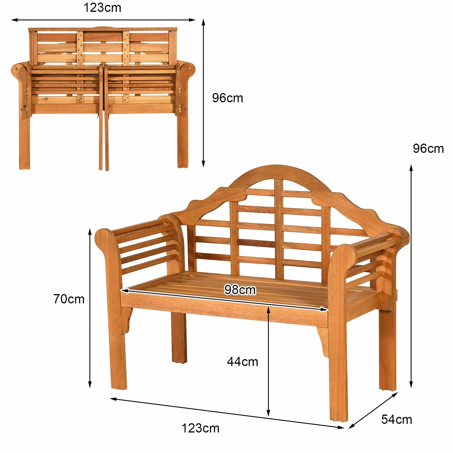 KOMFOTTEU Banc de Jardin 2 Places, Design Pliable, Banquette de Parc en Bois d'Acacia, Charge Maximum de 360 kg, Banc d’Extérieur, idéal pour Balcon, Terrasse, 123 x 54 x 96 cm, Naturel