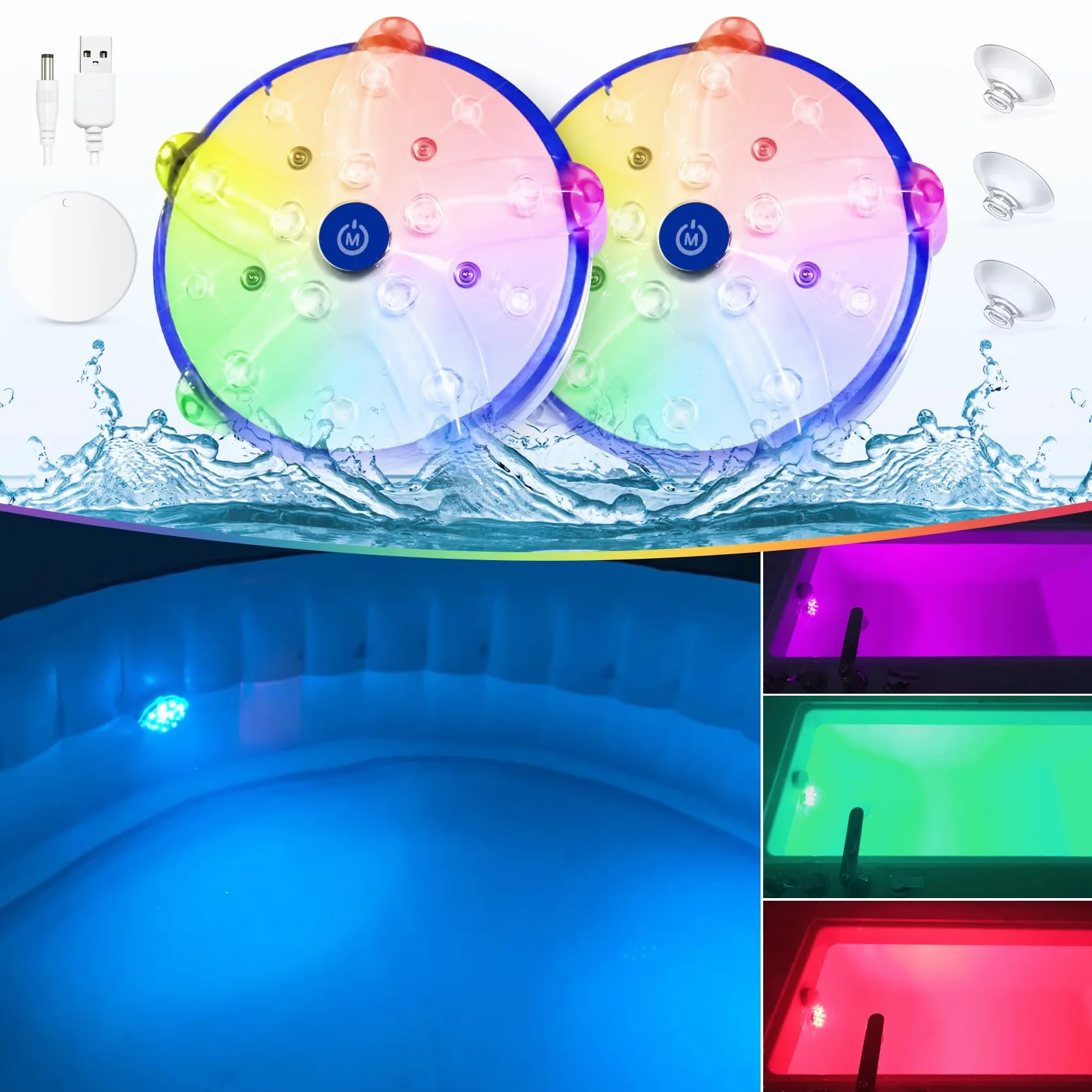 DeeprBlu Lumière Piscine Flottante, Lumière pour Baignoire Changement de Couleur Rechargeables, Lumière Spa LED Sous Marine, Éclairage Piscine Submersible avec Aimant, Ventouses, Éclairage Submersible