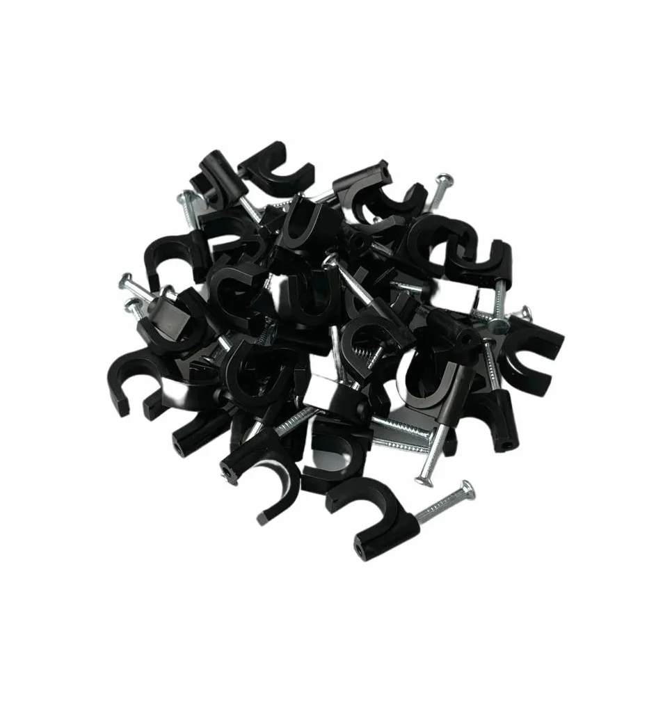 100 clips de câble ronds noirs type K 10 mm avec fixations à clous