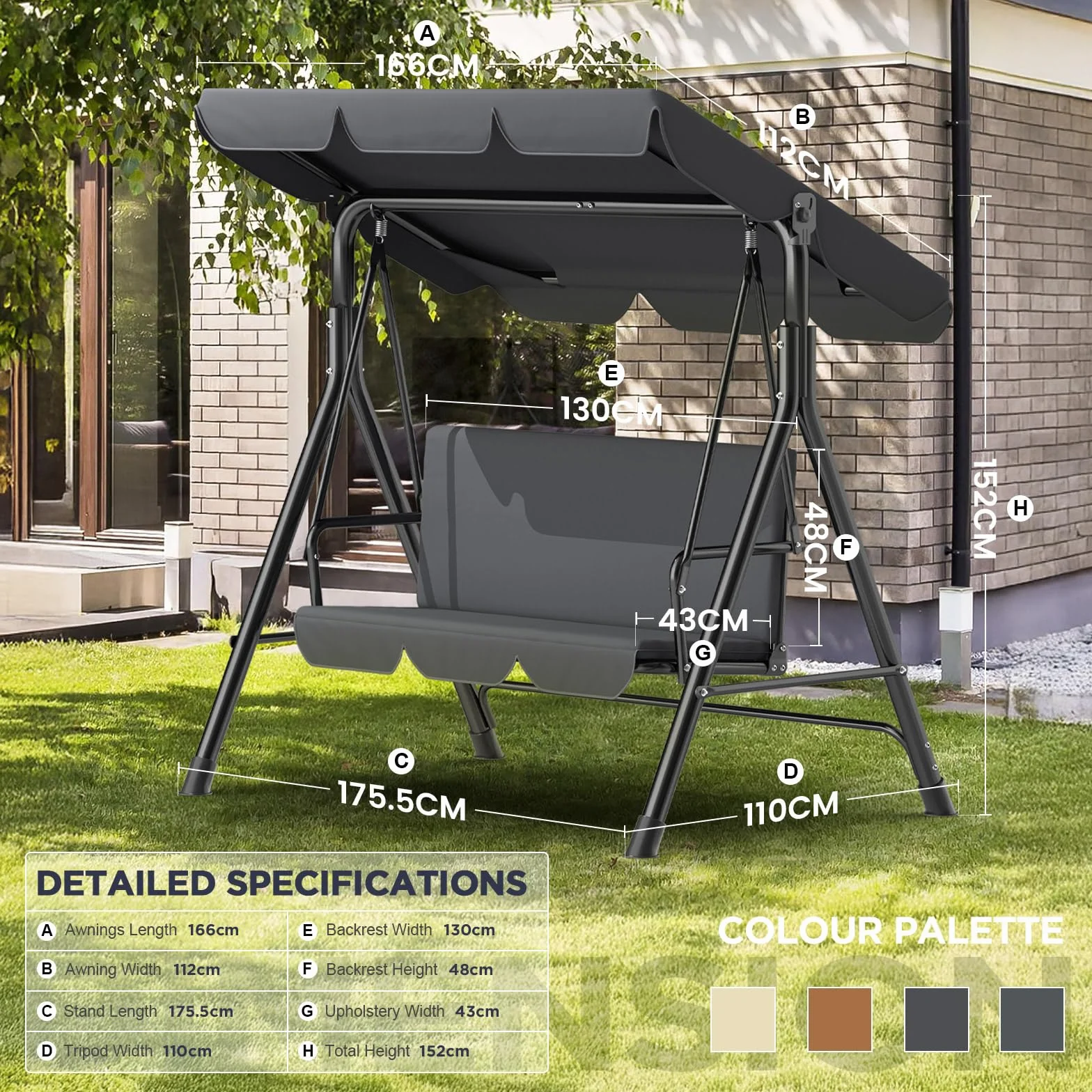 Balancelle 3 Places Toit réglable Jardin Pieds antidérapants Charge 200 kg résistante intempéries Anthracite