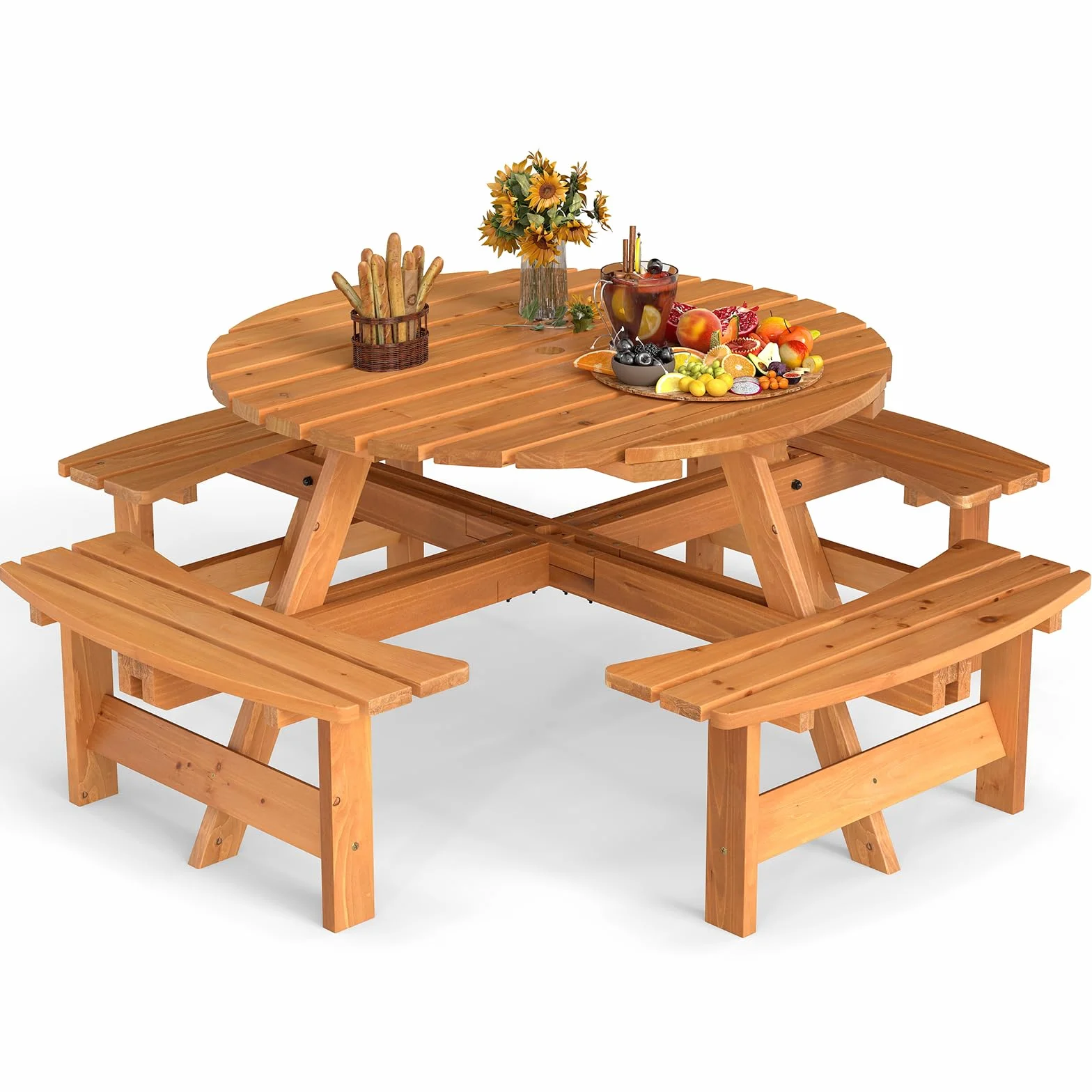 GOPLUS Table Pique-Nique Extérieur 8 Personnes, Salon de Jardin Rond avec 4 Bancs Intégrés, Trou Parasol 5 cm, Charge 100+250KG, Jaune