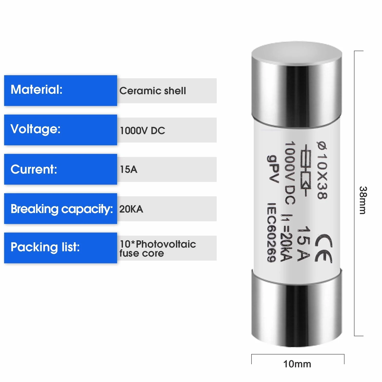 DEWIN Fusibles Photovoltaïques 15A 10X38mm DC 1000V 10pcs
