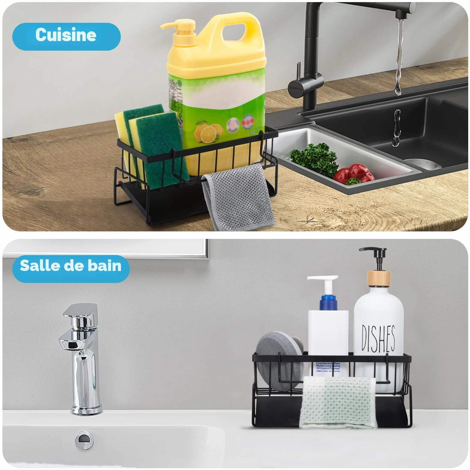Support d'évier de cuisine en acier inoxydable avec vidange automatique, porte-serviettes et porte-éponge