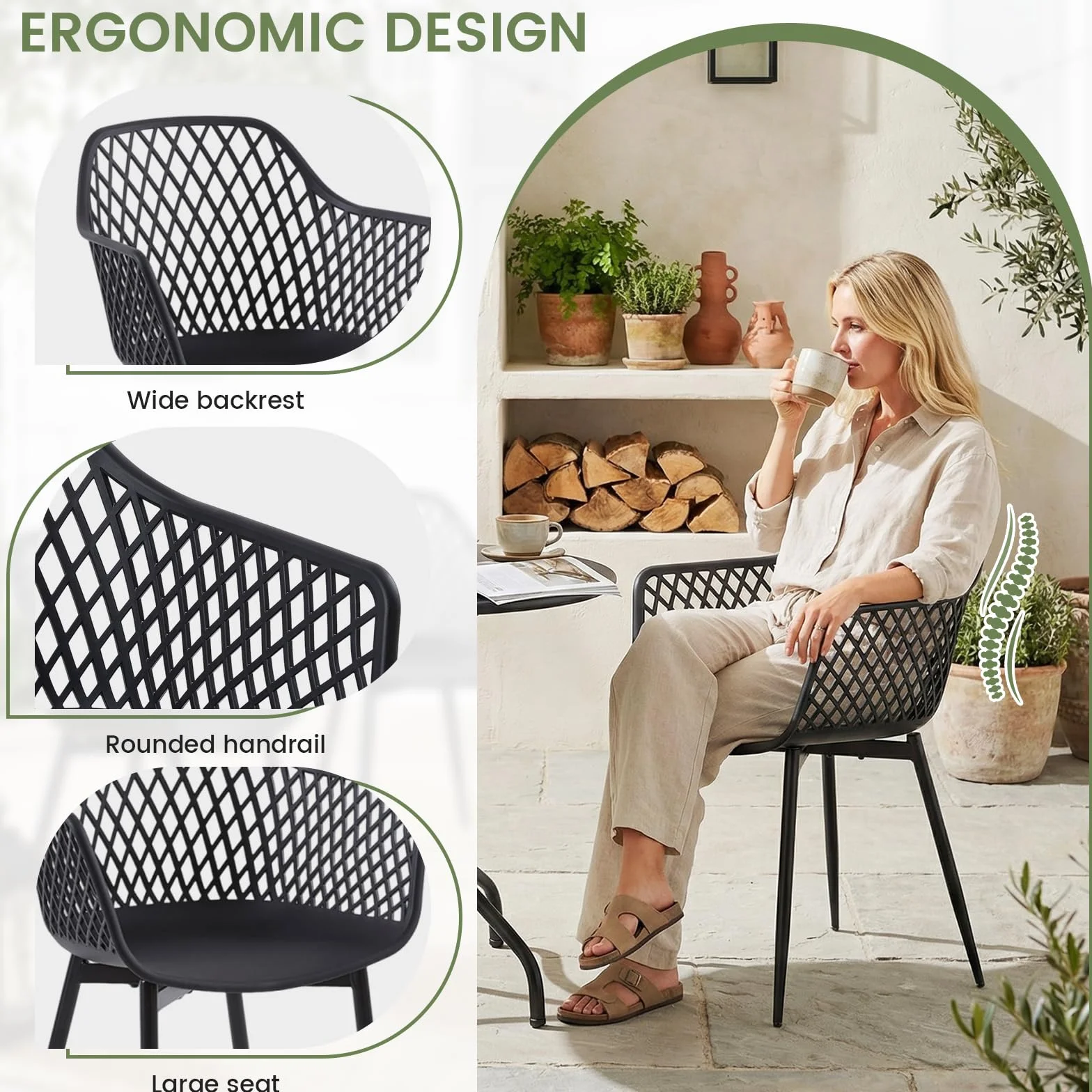 buybyroom Chaise de Jardin Exterieur, Lot de 4 Chaise Plastique avec Accoudoir et Pied en Métal, Fauteuil Jardin Exterieur pour Terrasse, Balcon, Salle a Manger, Salon, Dossier à Design Ajouré, Noir