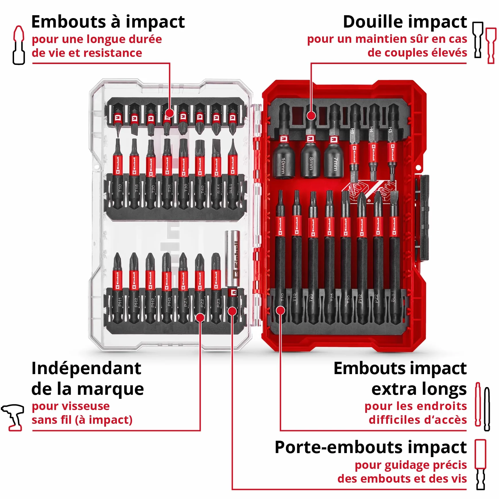 Einhell M-CASE 38 pièces impact-Bit Set 25 mm 50 mm 90 mm douilles 6 pans porte-embout 60 mm boîte rangement