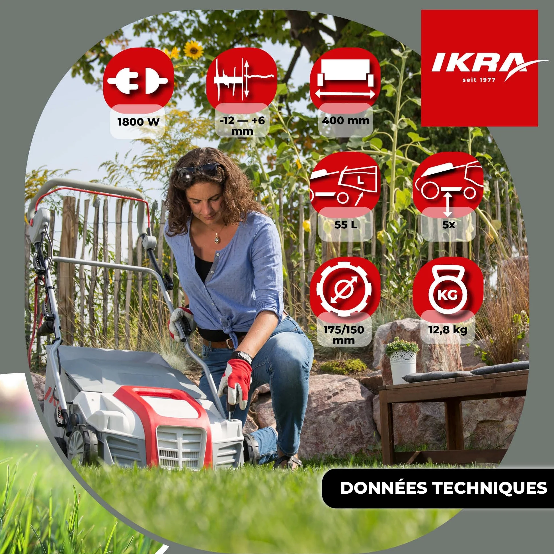 IKRA scarificateur aérateur électrique IEVL 1840, largeur de travail 40cm, puissance 1.800 watts, Gris/Rouge