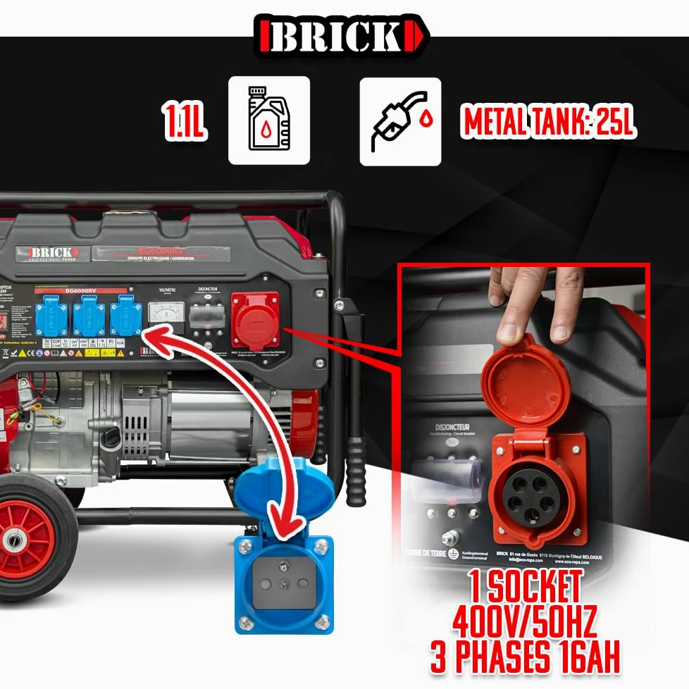 Groupe électrogène max 6000W avec roues et prise triphasée - Brick