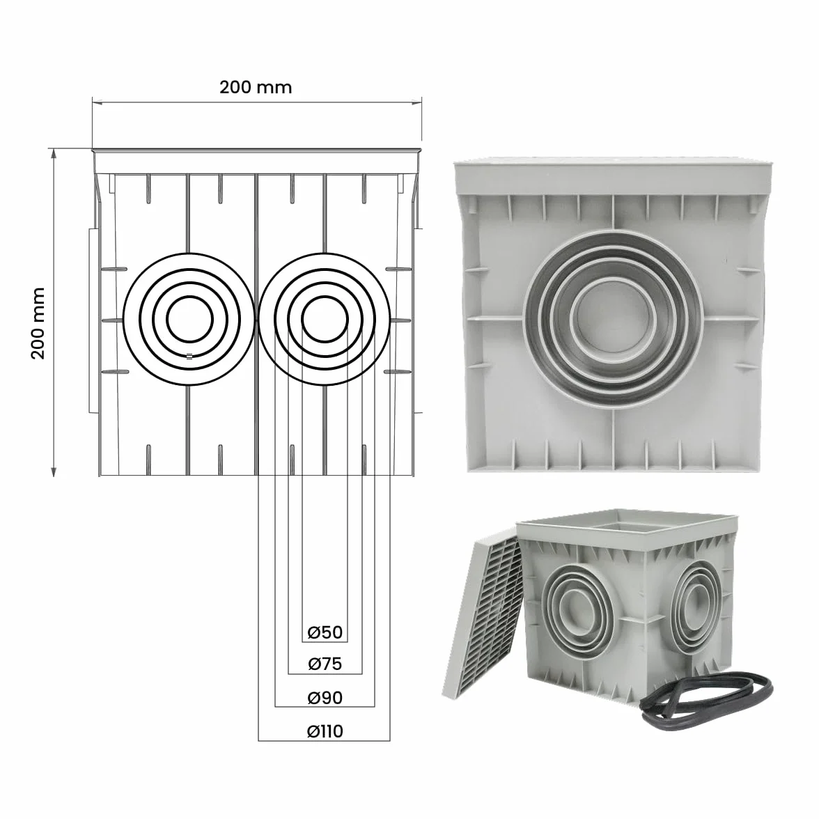 Caches étanches de sol électriques IP54 PVC 200 x 200 mm Lot de 4