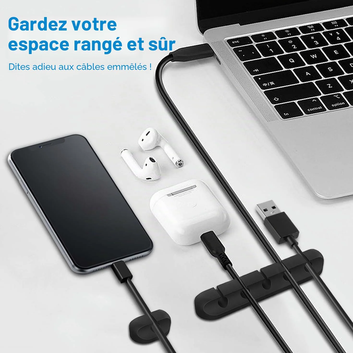 Clips Câble Adhésif en Silicone Différentes Tailles, Attache Cable Adhésif pour Bureau Voiture Maison, Gestion Câbles USB Souris Écouteur