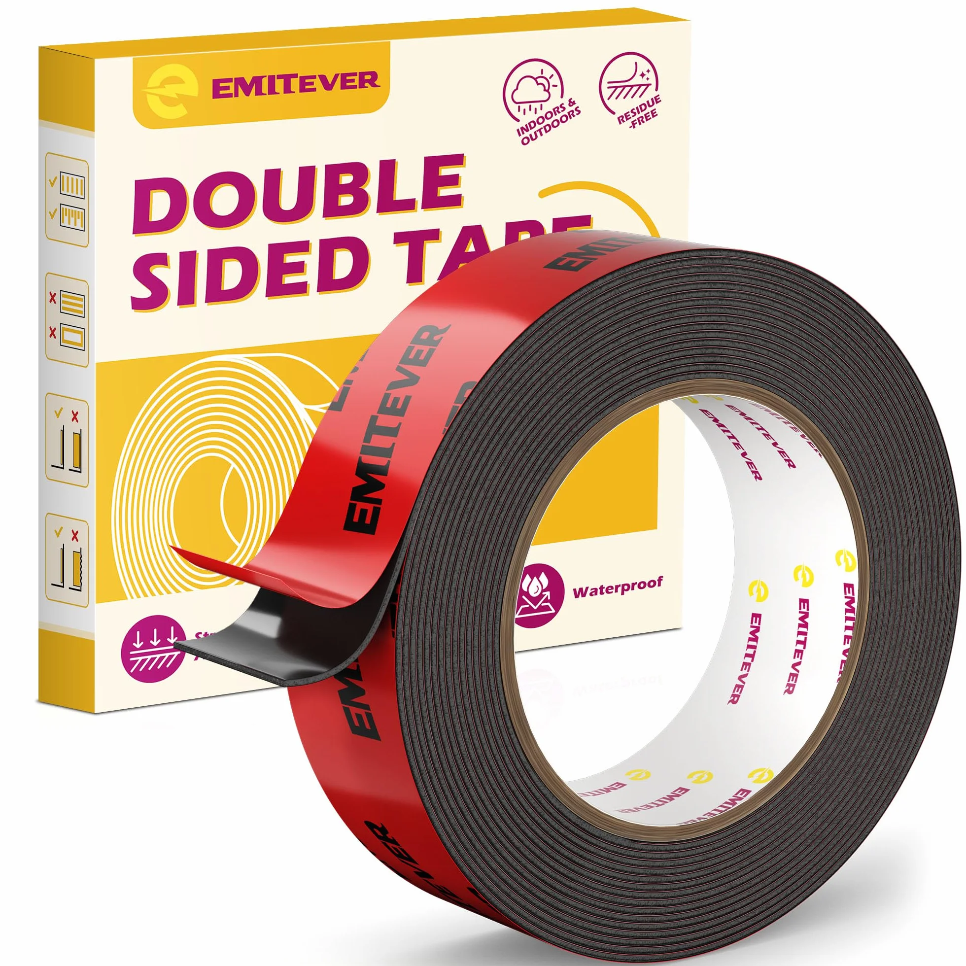 Ruban Double Face Extra Fort 25mm 5M Adhésif Acrylique Imperméable Noir