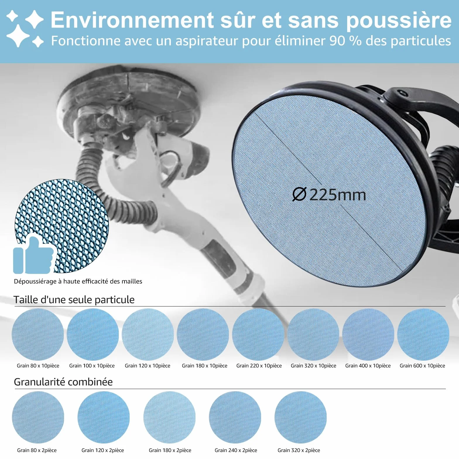 Disques Abrasifs en Maille 225 mm 10 Pièces Céramique Grain 120 Auto-agrippant