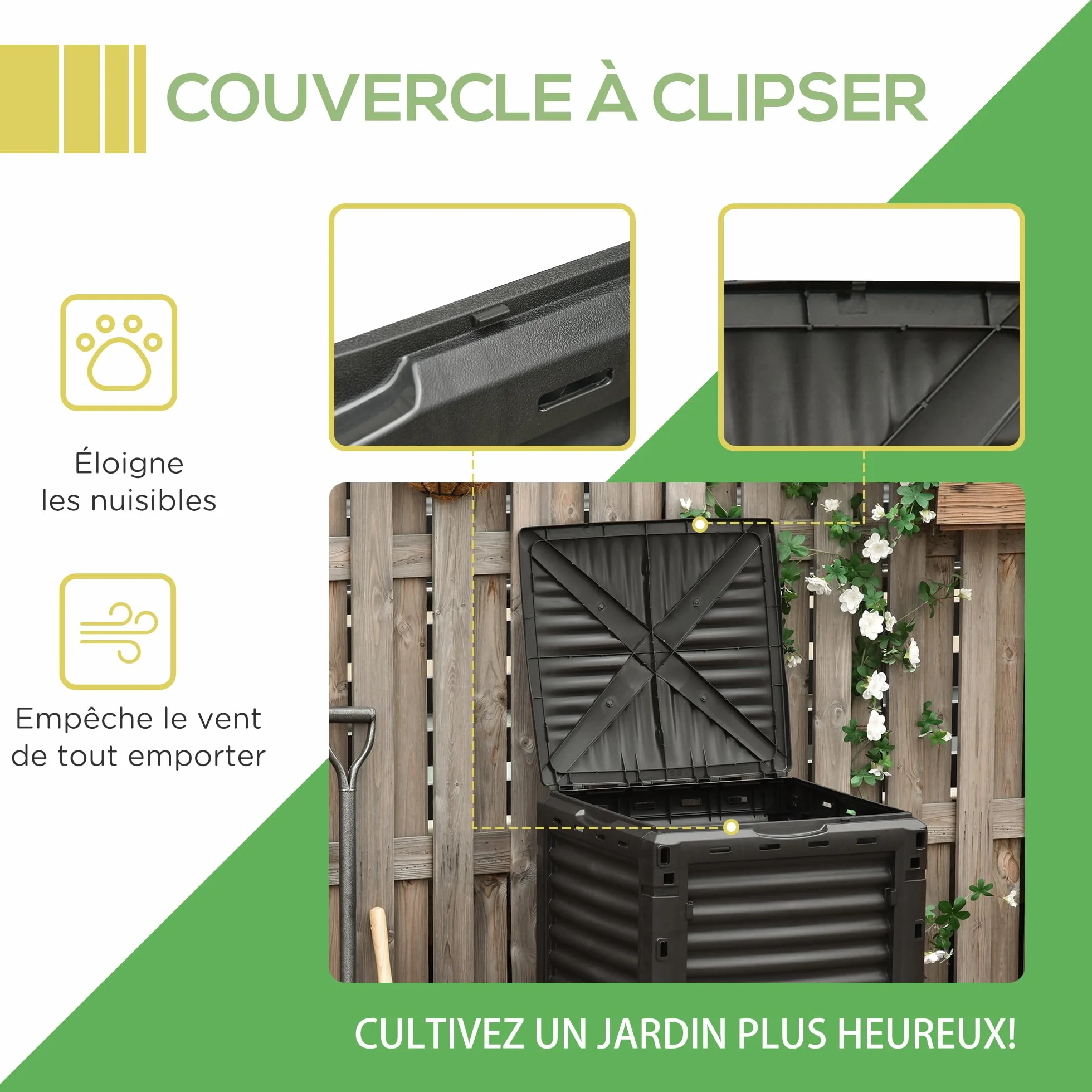 Outsunny Composteur de Jardin 300L, bac composteur polypropylène, 48 aérations, Noir