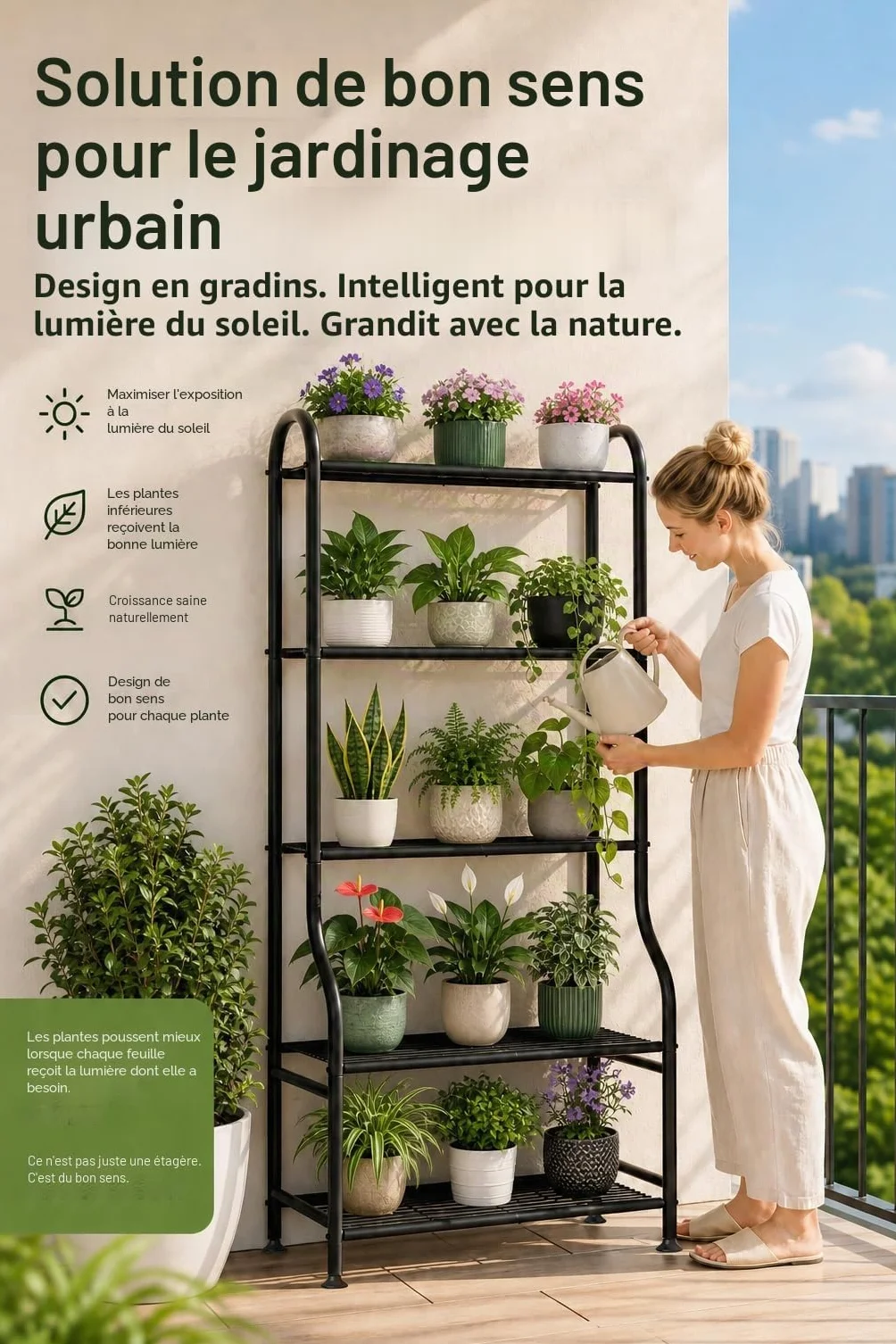 Support en métal pour plantes 5 niveaux 165 cm étagère verticale robuste avec pieds réglables