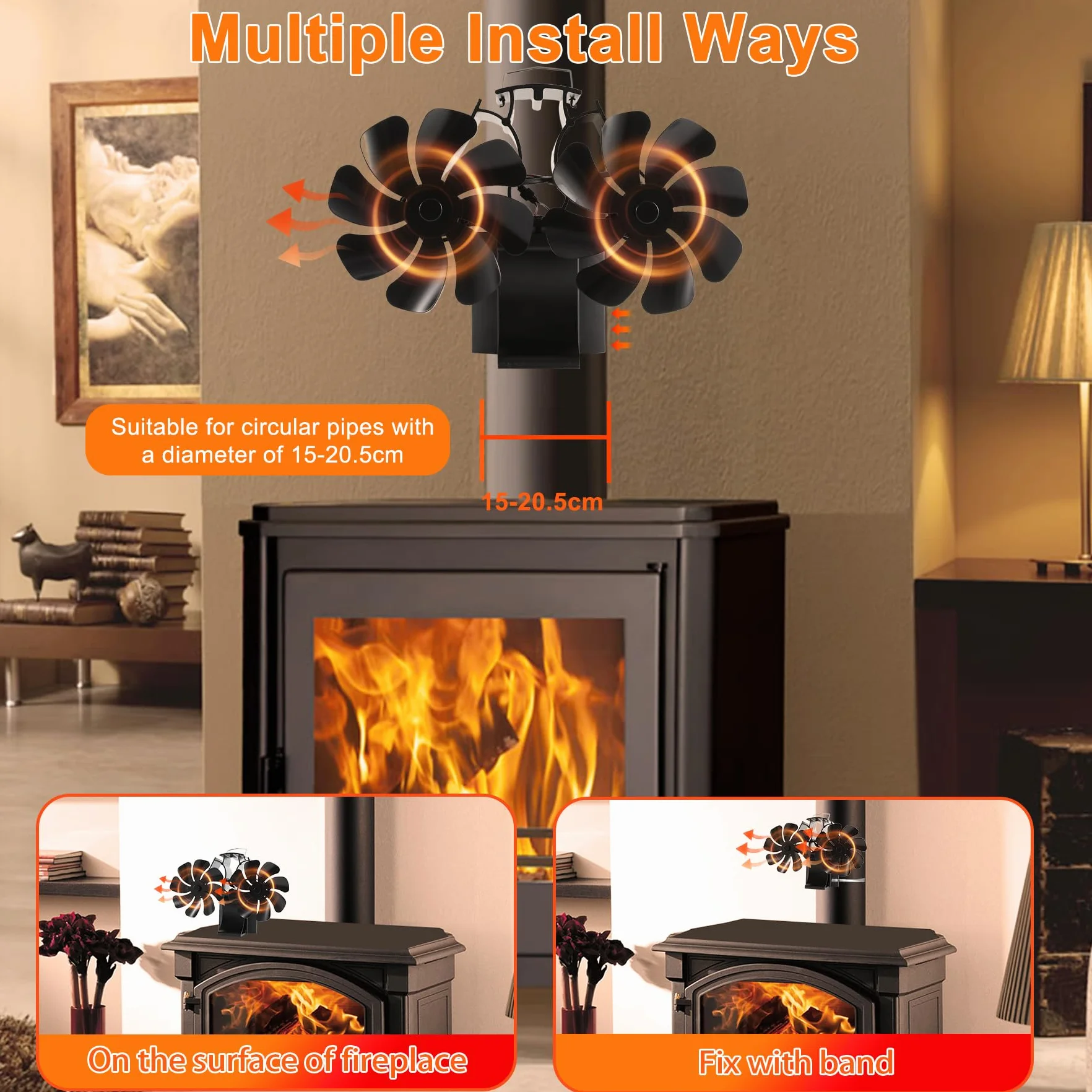 Ventilateur de cheminée magnétique 3 en 1 sans électricité avec thermomètre pour bois foyer tuyau de poêle