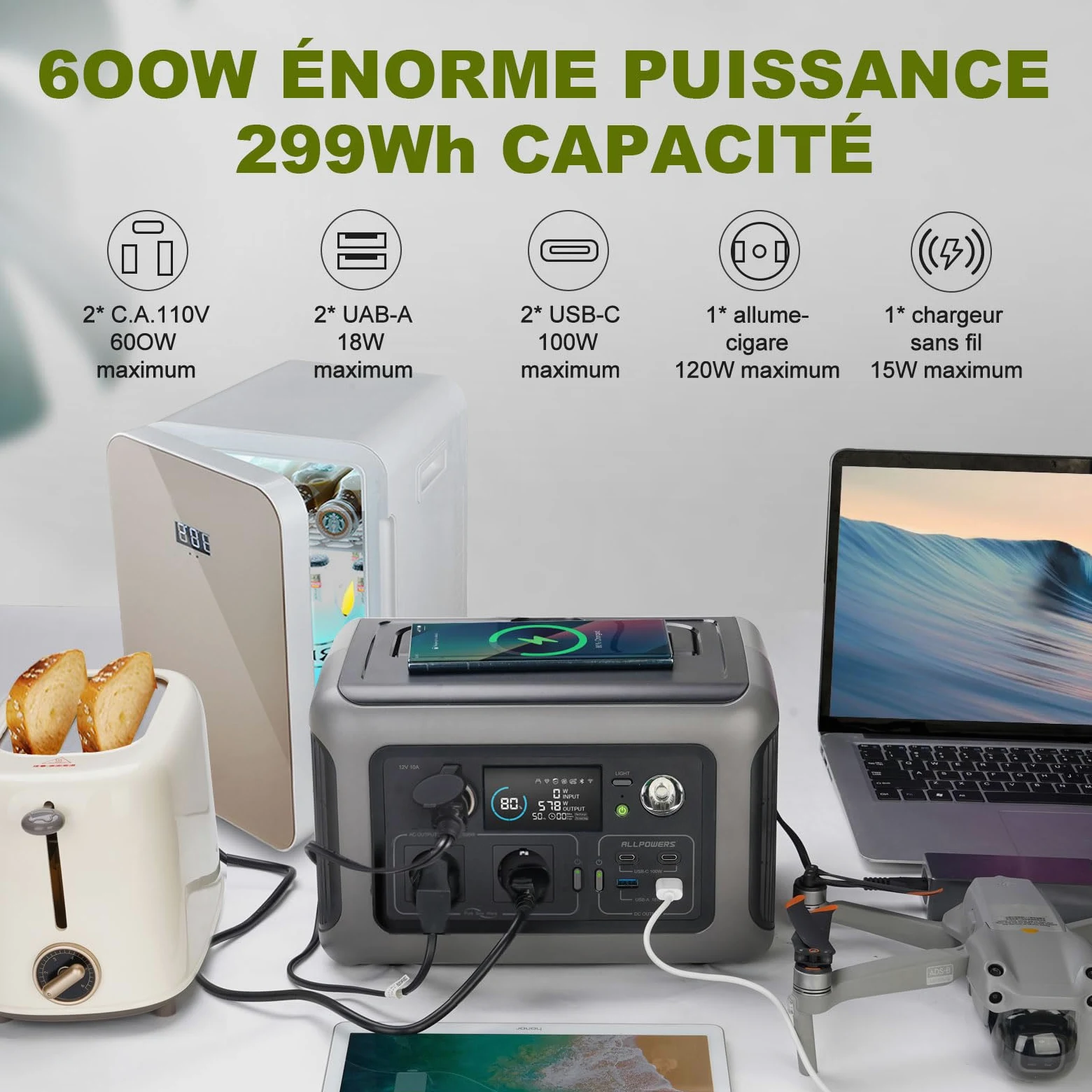 ALLPOWERS R600 Station électrique portable 299Wh, batterie LiFeP04 avec 3500 cycles+, Recharge de 0 à 80% en 30 minutes, Chargement rapide sans fil 15W, générateur solaire pour camping, extérieur