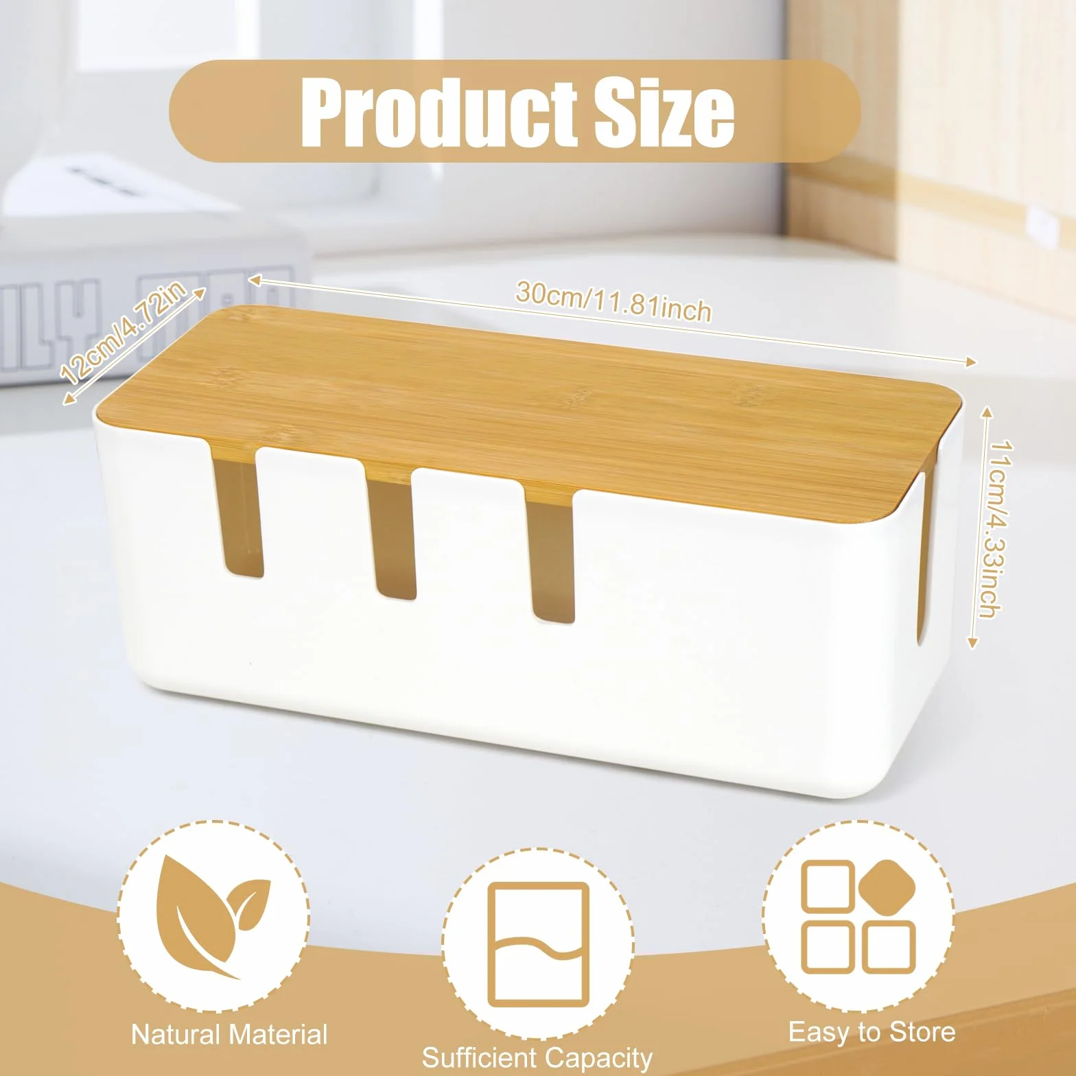 Boîte de Gestion des Câbles 30x12x11cm Plastique Couvercle en Bambou