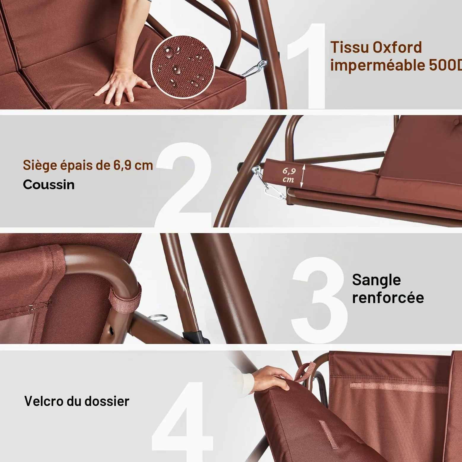 VEVOR Balancelle de terrasse 3 Places, balançoire Convertible avec auvent réglable de Porche extérieur, avec Coussin épais Amovible, Cadre en Acier allié, pour Balcon, Jardin, Bord de Piscine, Marron