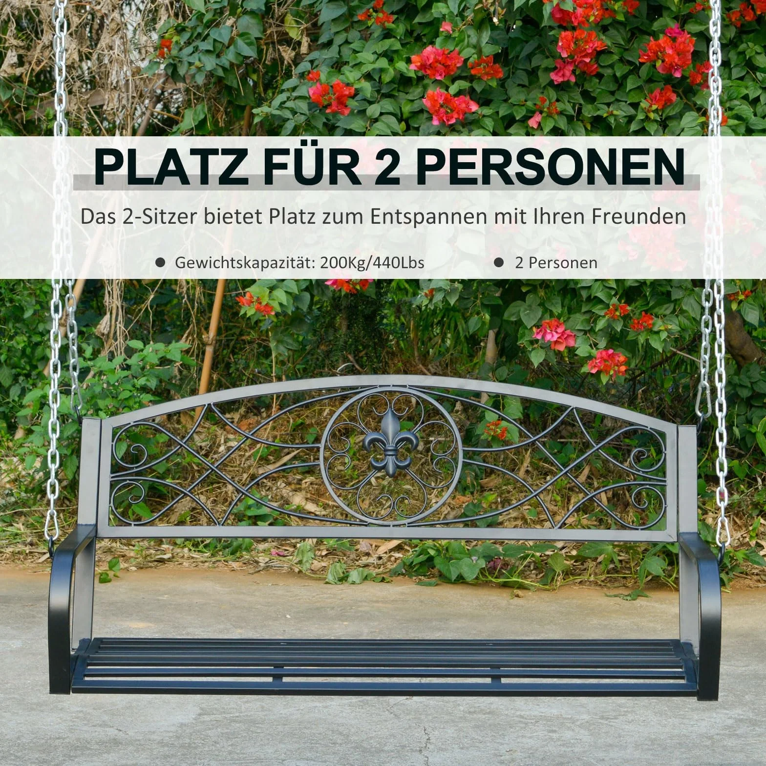 Outsunny Banc Suspendu 2 Places Chaînette Métal Noir 132x63x58 cm