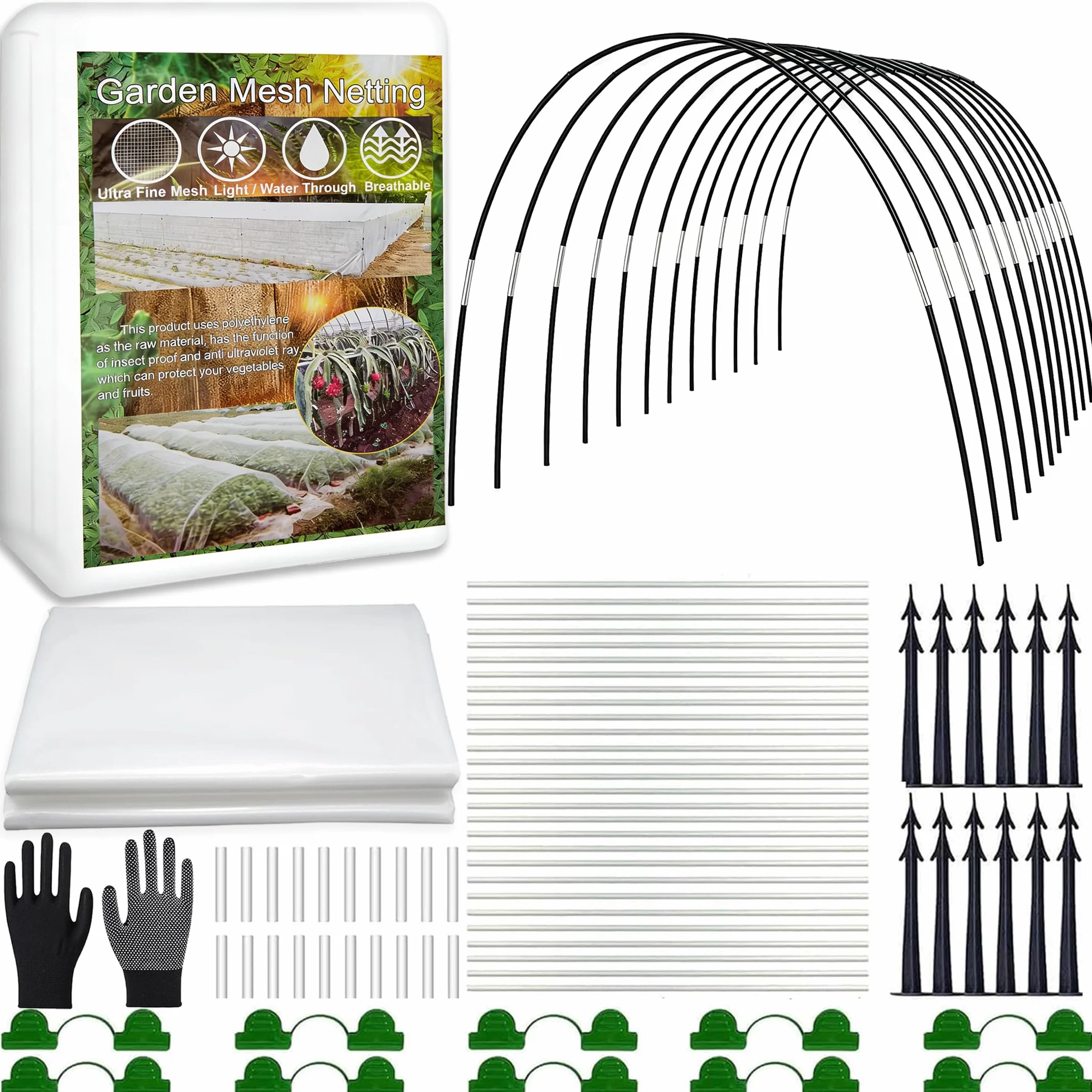 Shengruili 30 pièces Arcs de tunnel de plantation, 3X10M filet anti-insectes, tunnel en film pour jardin surélevé, filet pour légumes de jardin, filet de protection des plantes, filet pour plantes et