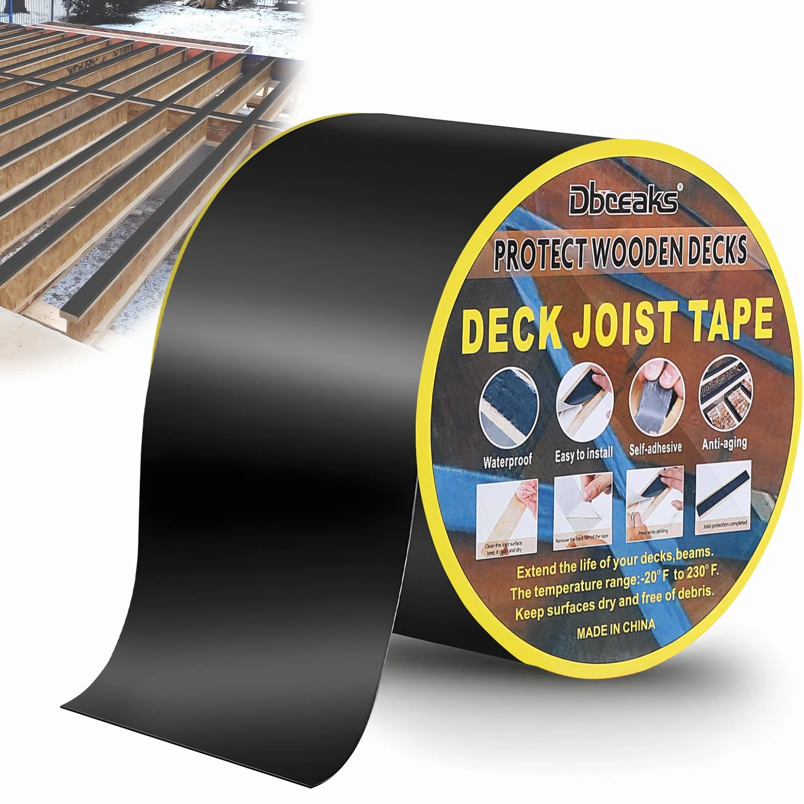 DBREAKS Ruban Adhésif en Butyle pour Terrasse, 80mm x 15m, Bande de Protection Lambourde (1 Rouleau)