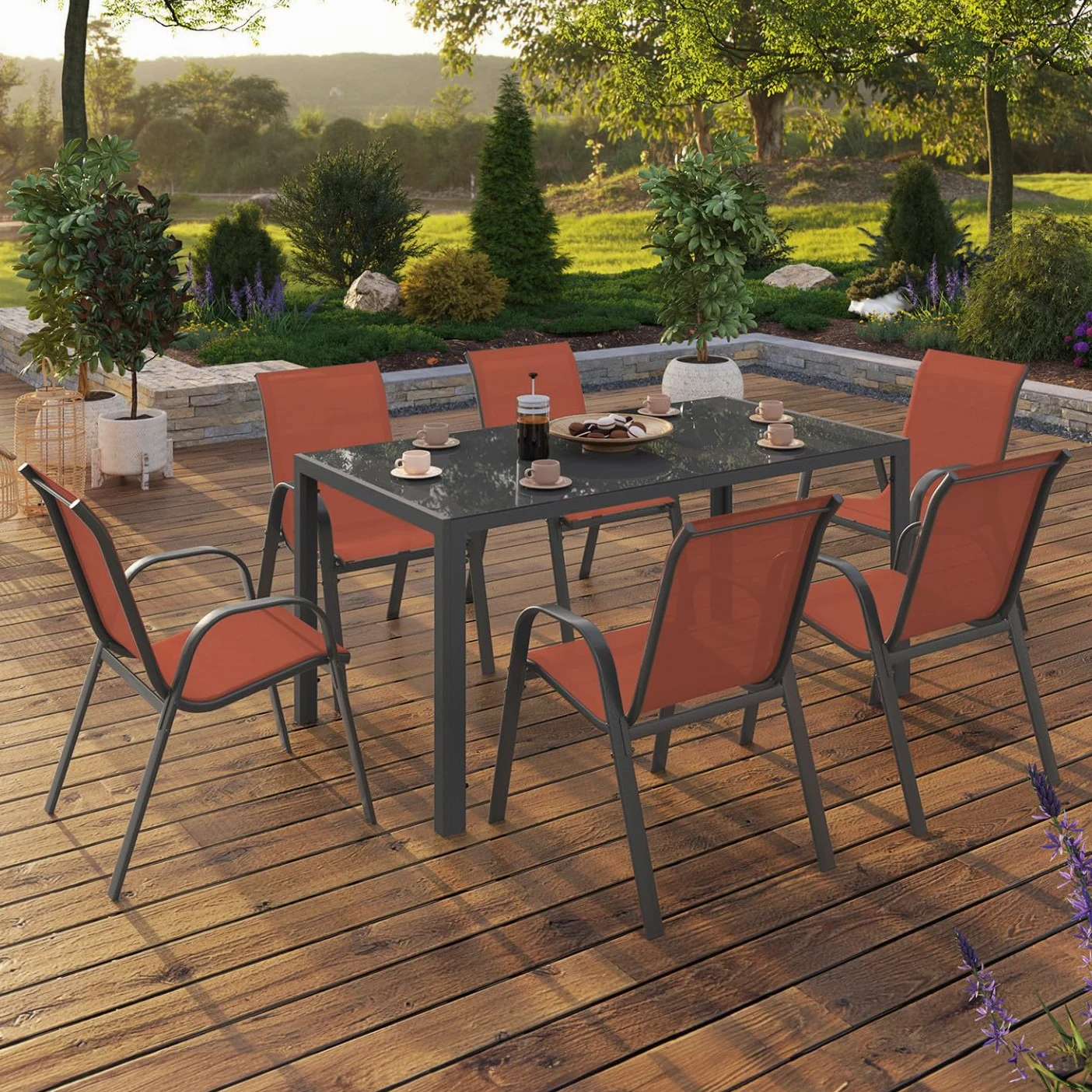 IDMarket - Salon de Jardin Madrid Table 150 CM et 6 chaises empilables Terracotta et Gris