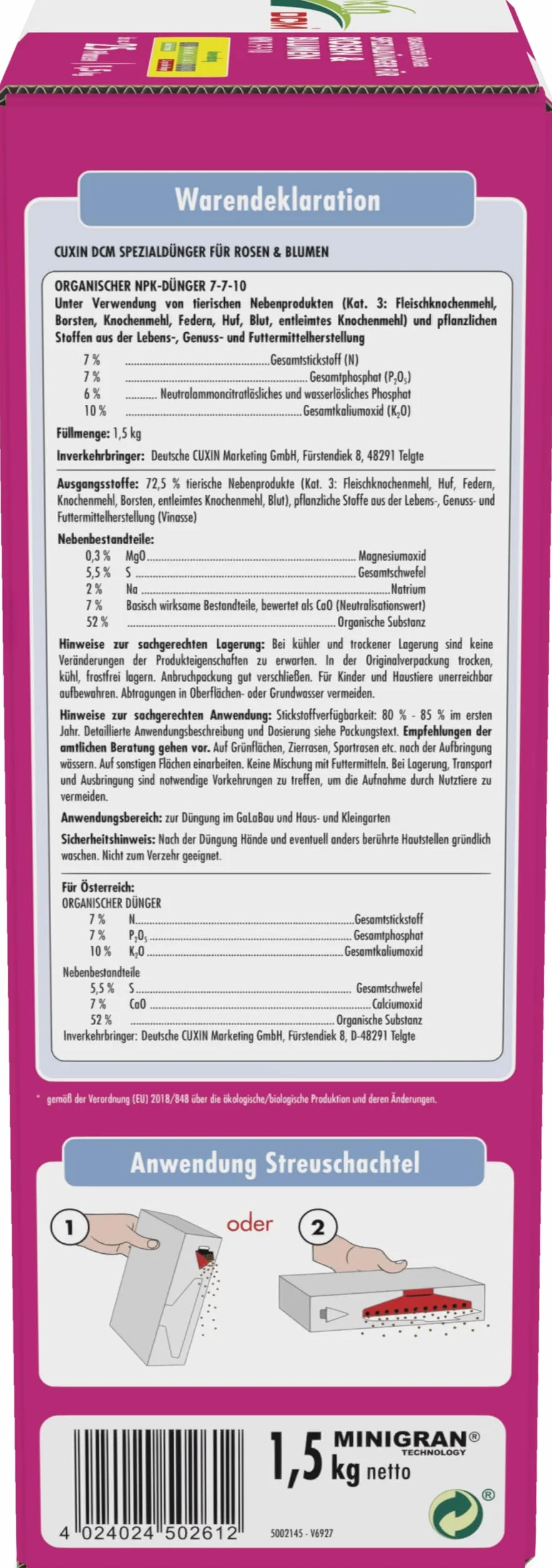 Cuxin Engrais bio Rose avec 3 mois Effet | également pour les fleurs et Clematis | Pure Nature Engrais organique |1,5kg | NPK 7–10