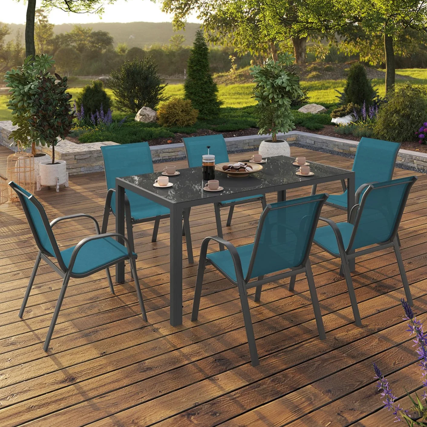 IDMarket - Salon de Jardin Madrid Table 150 CM et 6 chaises empilables Bleu Canard
