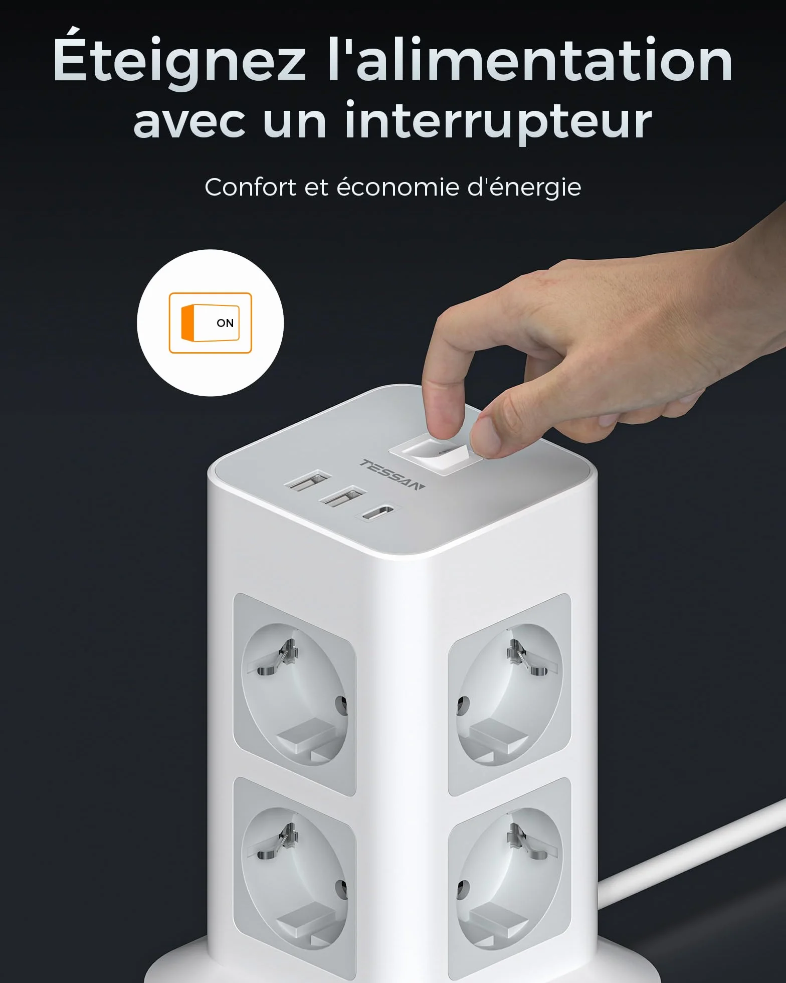 TESSAN 11 en 1 Multiprise avec Interrupteur, 8 Prises AC 3 USB, Parafoudre 3600W Rallonge 2M, Gris