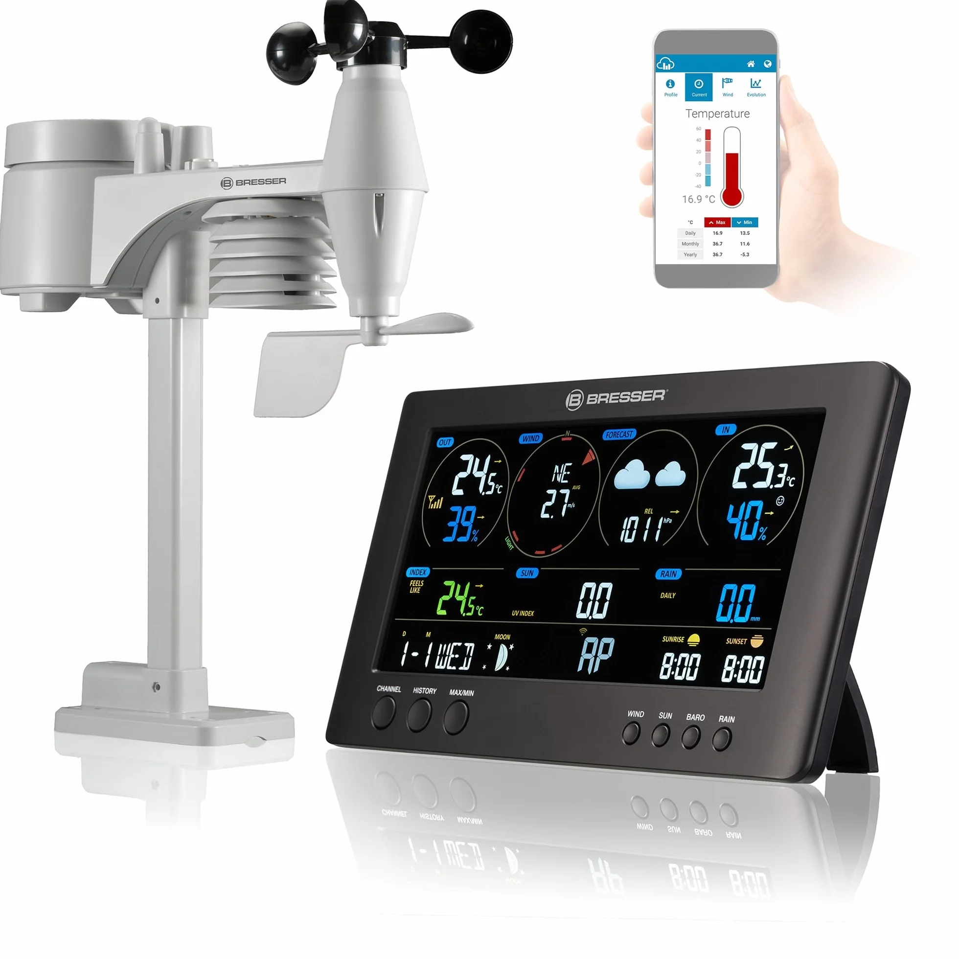 Bresser ClearView Station Météo Sans Fil WiFi Capteur Extérieur Pro 7 en 1 Noir