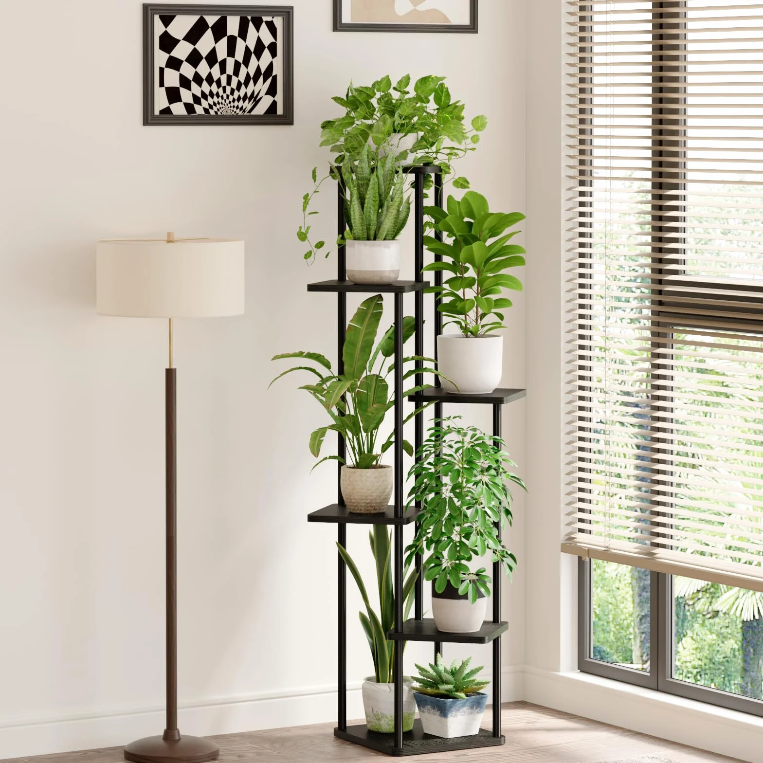 Bamworld Support d'angle pour plantes d'intérieur, étagère en métal à 6 niveaux, noir