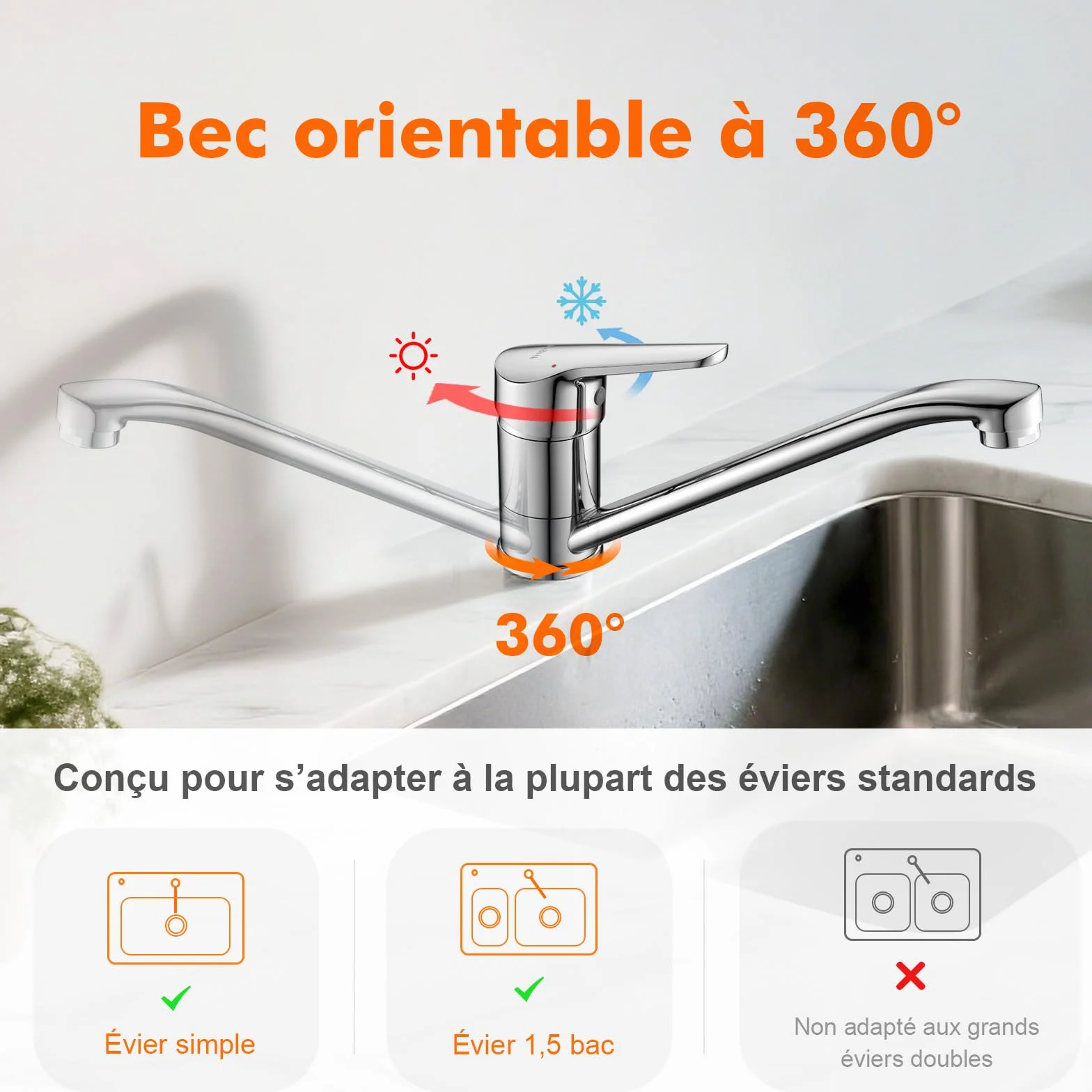 Ibergrif Mitigeur d'Evier Robinet Cuisine Monocommande Orientable 360° Laiton Chromé Argent